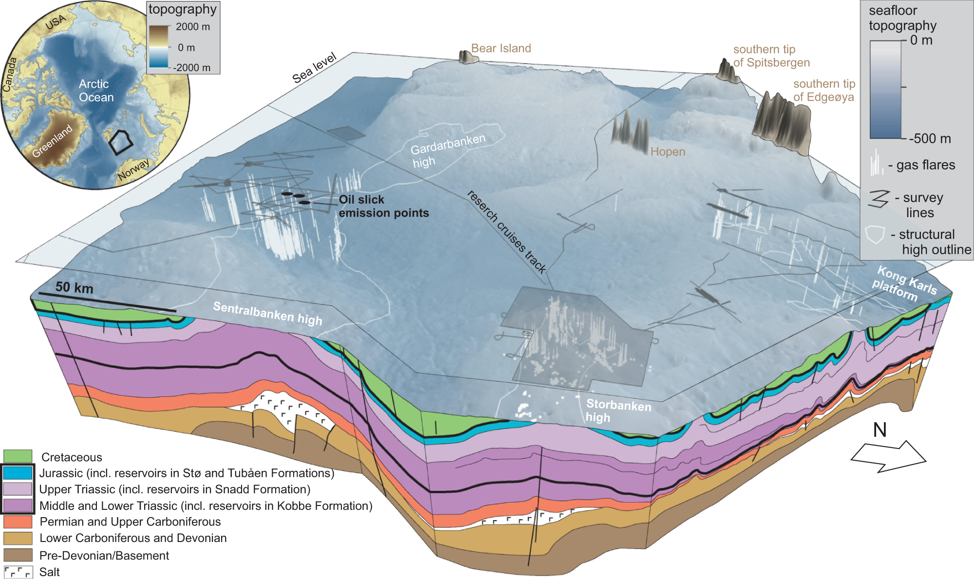 Fig. 7: Exhumed hydrocarbon-bearing structures in the northern Norwegian Barents Sea emitting gas and oil to the water column.