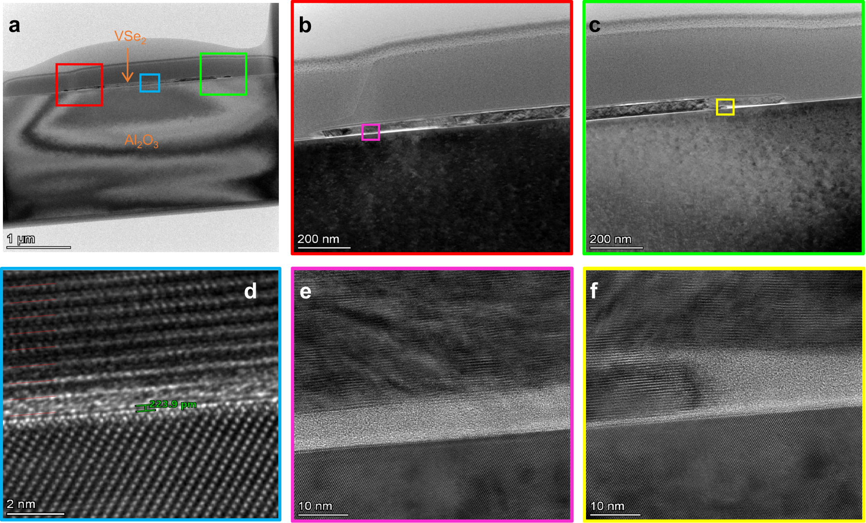Fig. 3: Cross-sectional transmission electron microscopy images of a VSe2 nanosheet on sapphire substrate.