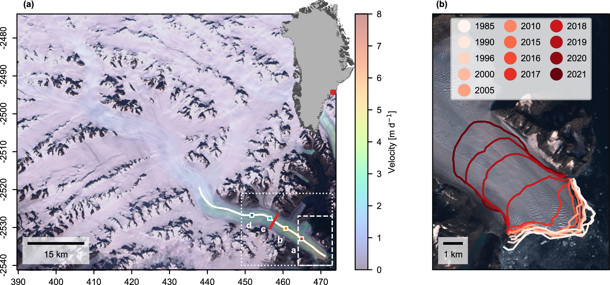 Map of measured glacier surface velocities (m a −1 ) and location