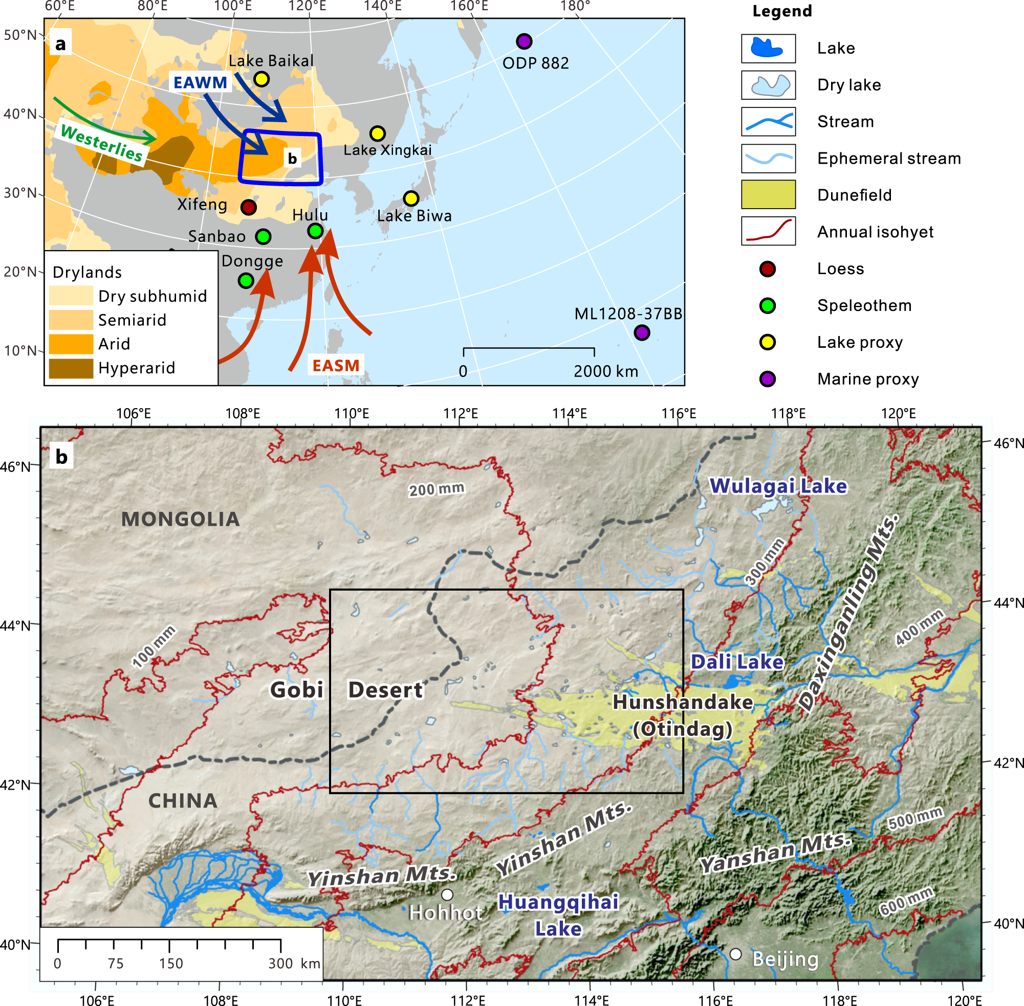 Fig. 1: Hydroclimatic context of the East Gobi Desert.
