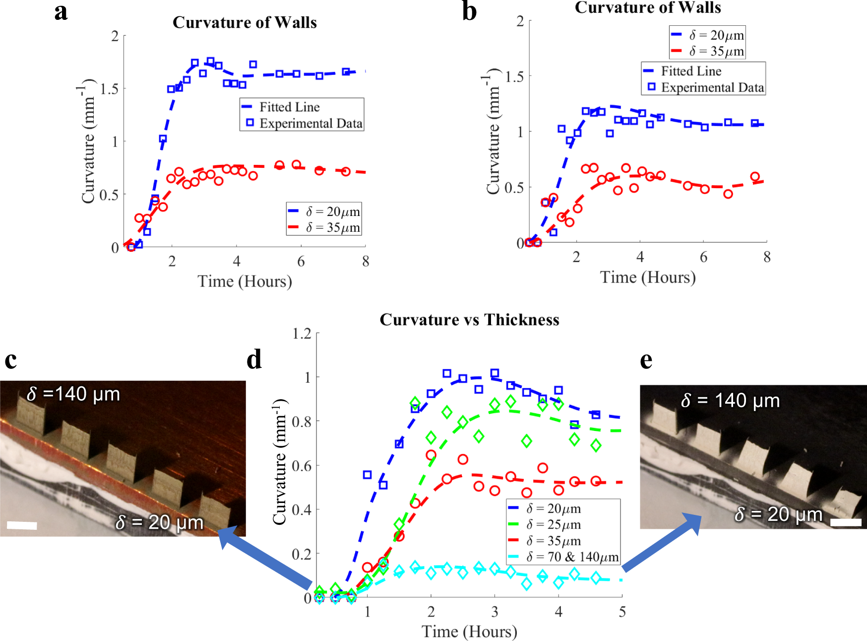 Fig. 4: Experimental data and curve fits showing decreasing curvature with increasing thickness (δ) of the nanoparticle walls during sintering.
