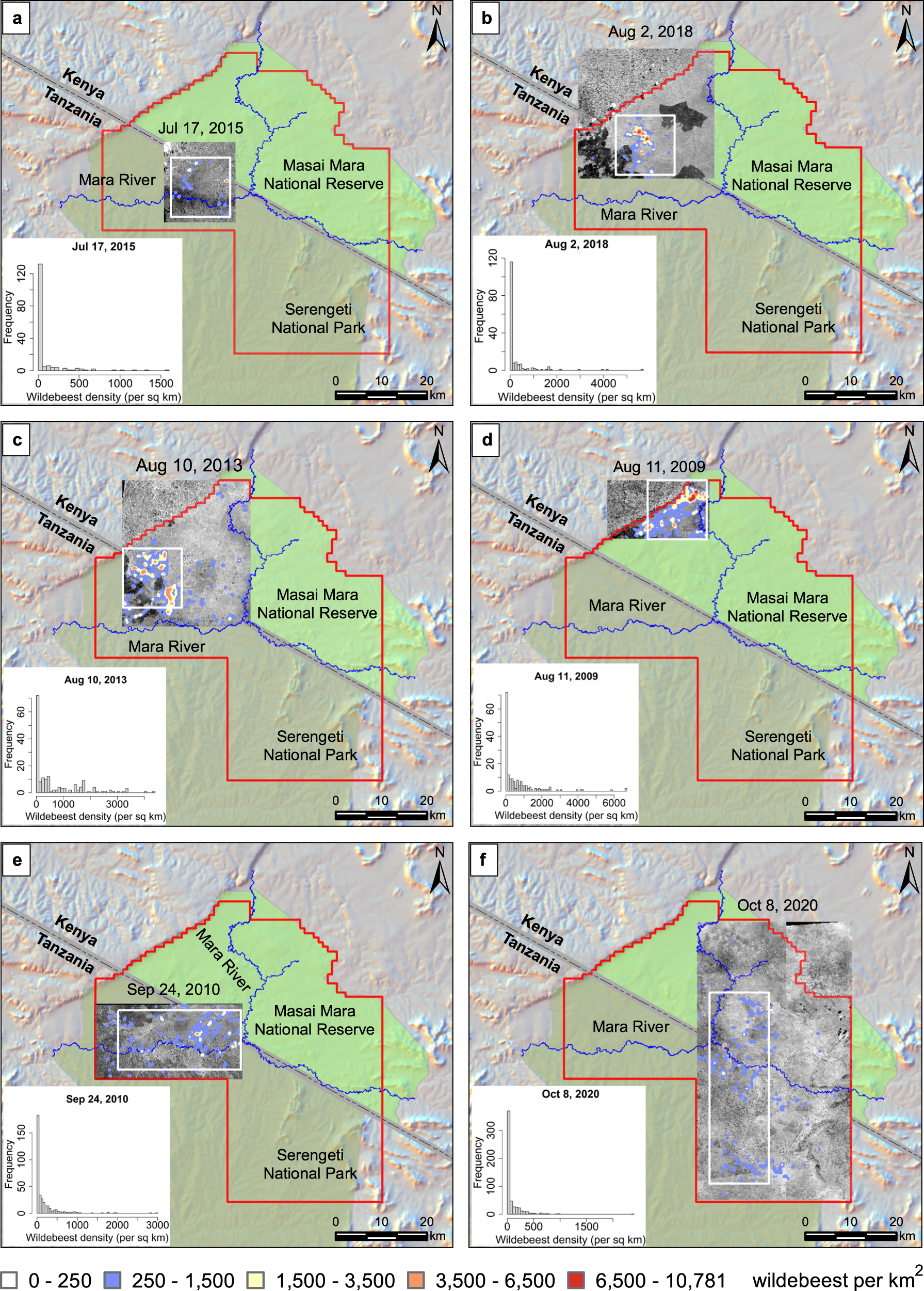 Fig. 7: Spatial distribution of detected wildebeest from July to October in 2009-2020.