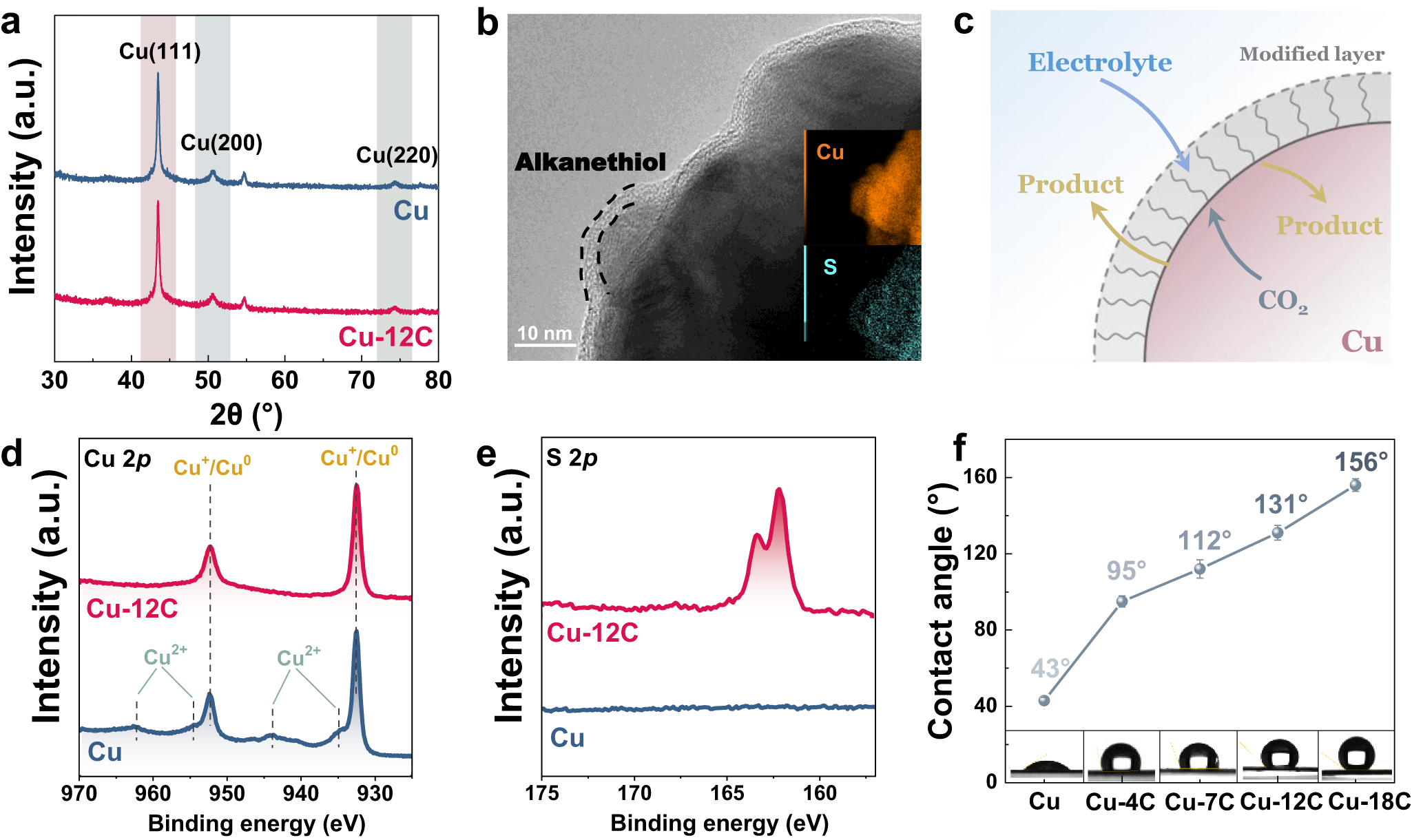 Fig. 1: Characterization of the wettability-tunable modified Cu electrode.