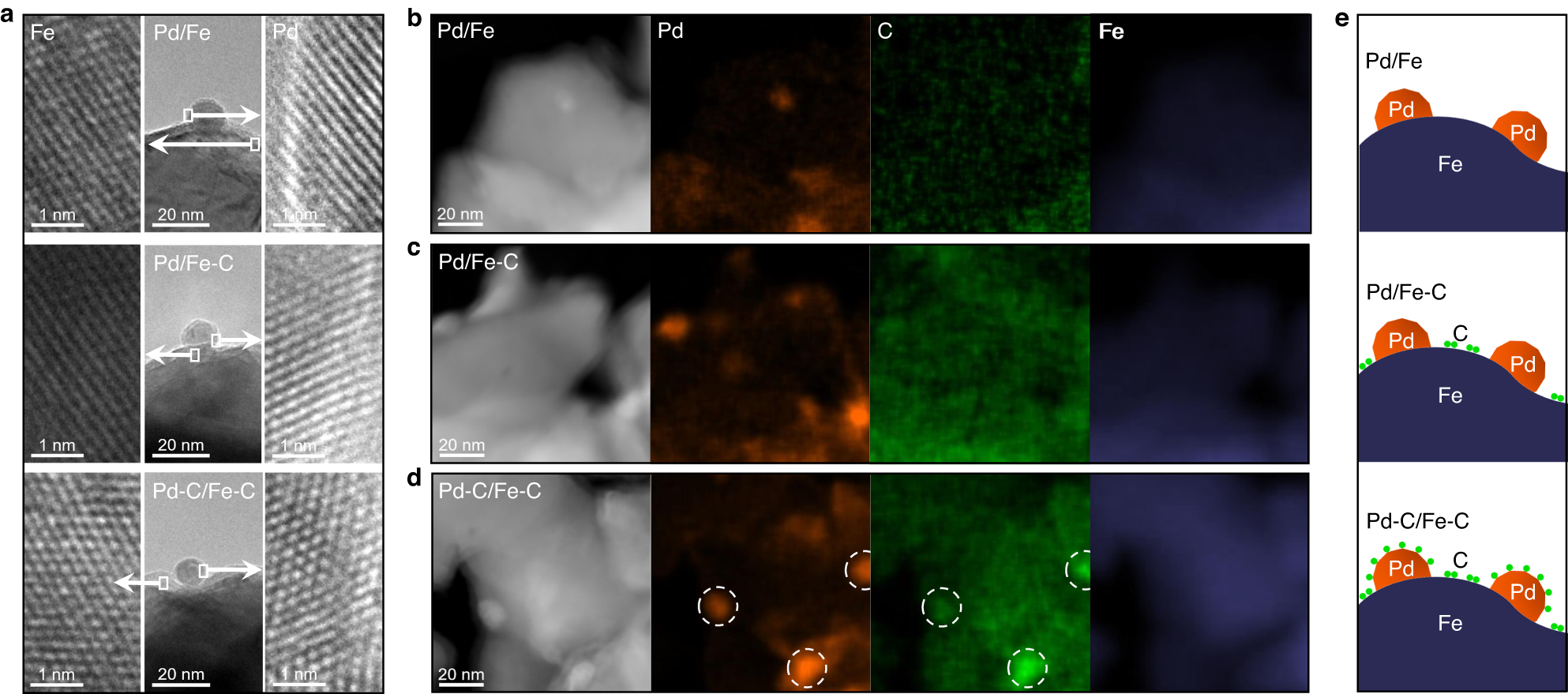 Fig. 2: Microscopic analysis of Pd/Fe, Pd/Fe-C, and Pd-C/Fe-C.