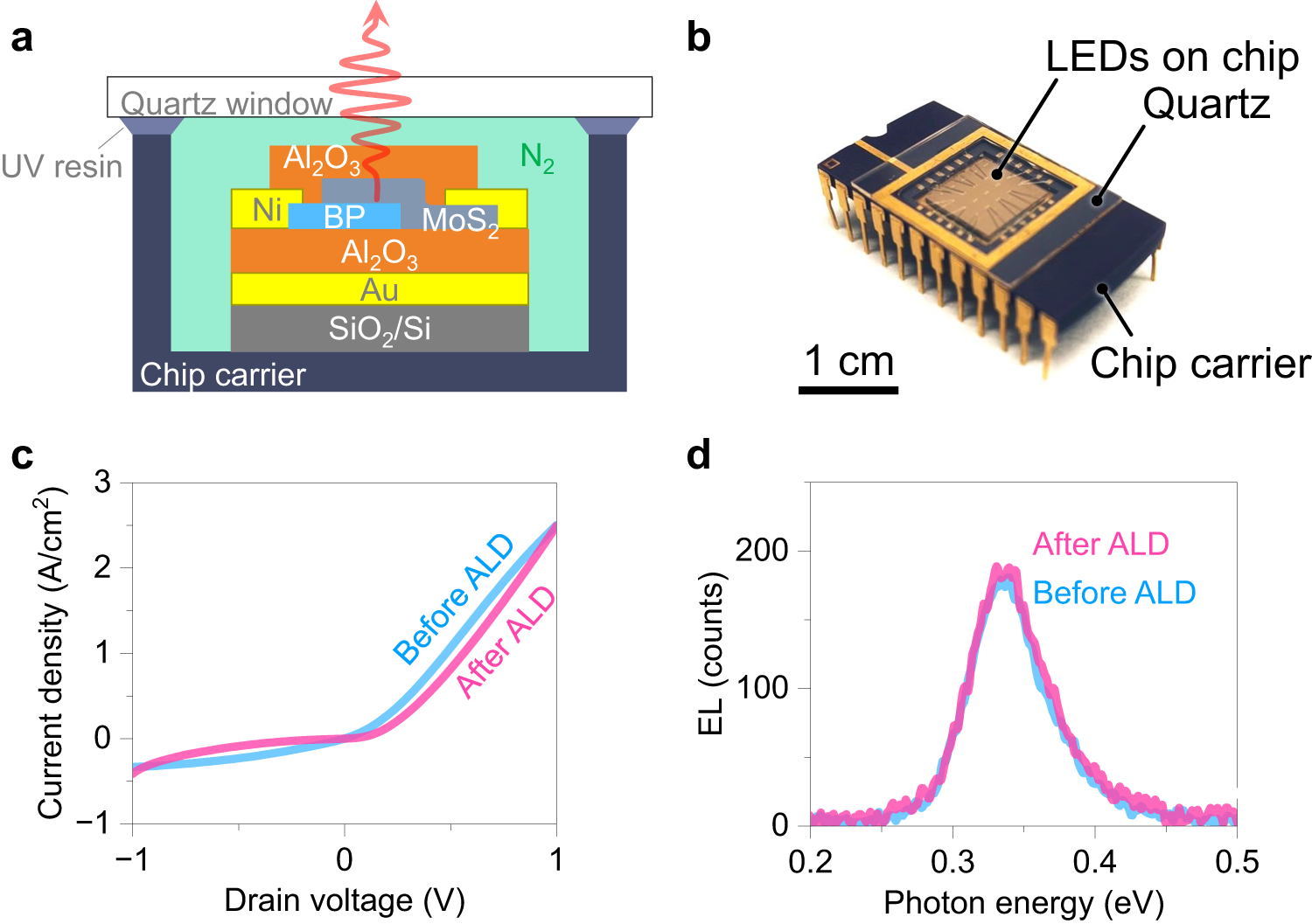 Fig. 2: Packaged mid-infrared light-emitting diode (LED) based on BP.
