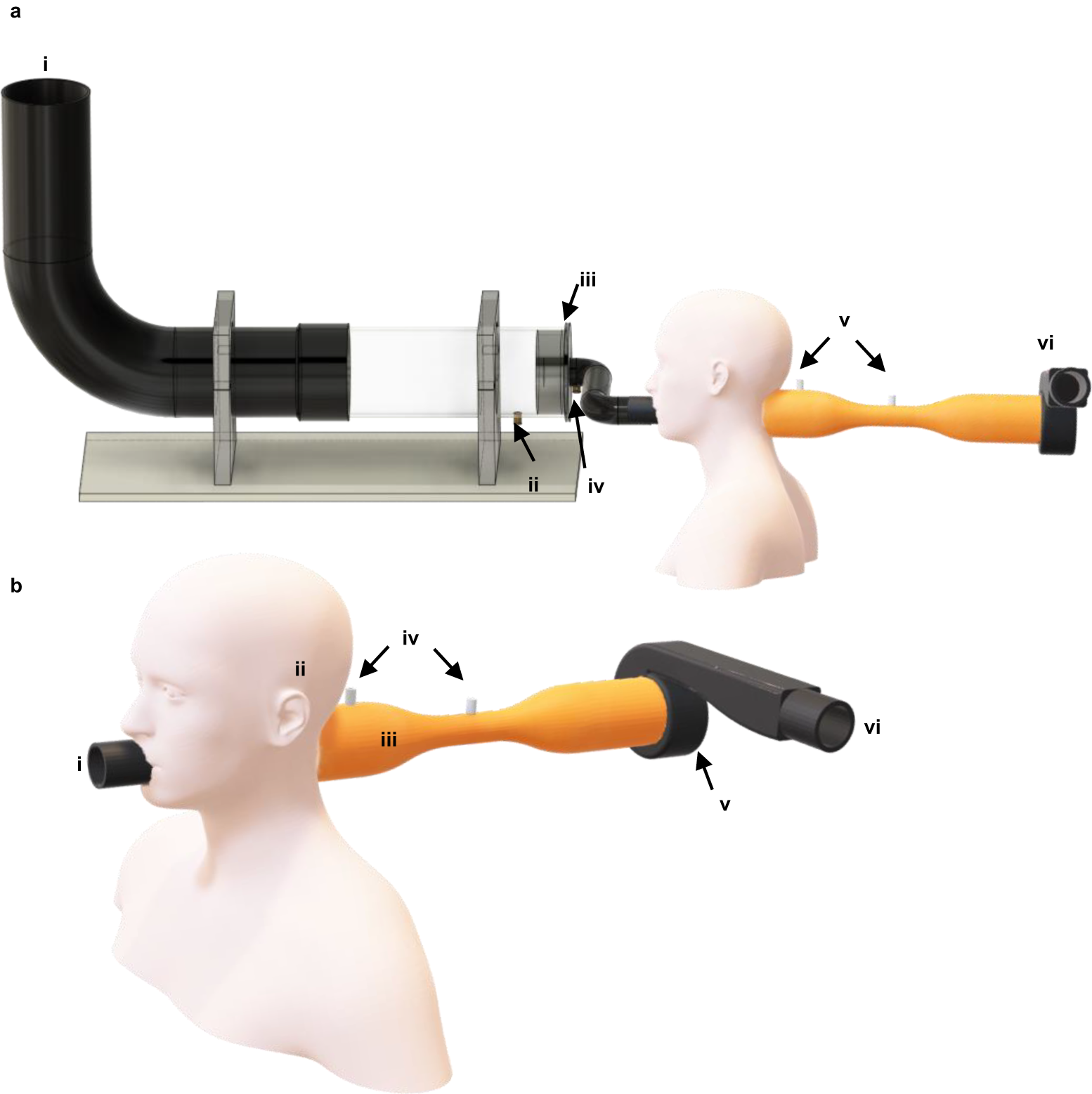 Fig. 6: CAD images of the experiment apparatus used for filter efficiency and breathability testing.