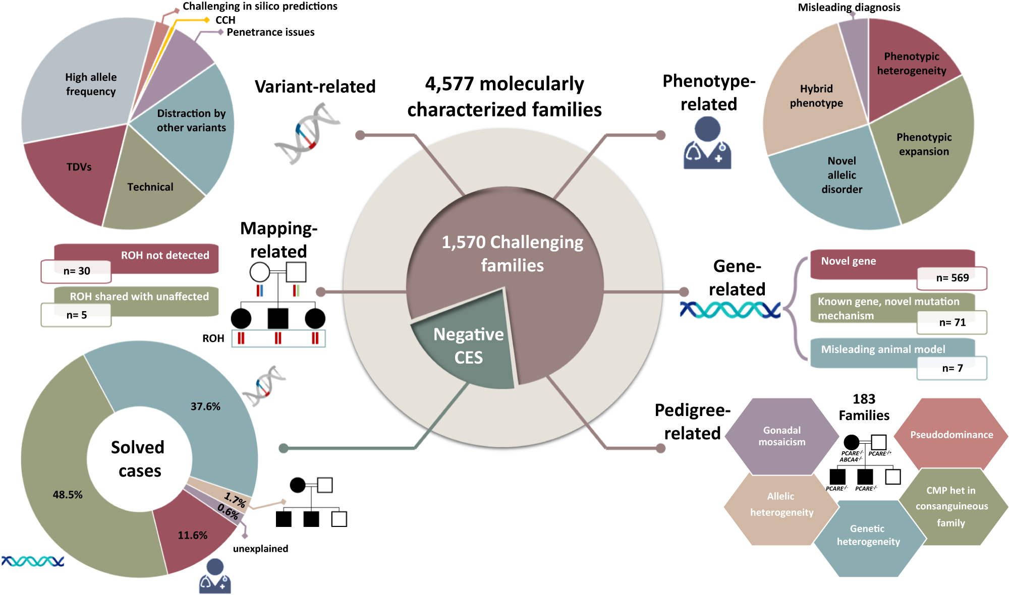 Fig. 1: Overview of the challenges encountered based on a cohort of 4577 molecularly characterized families.