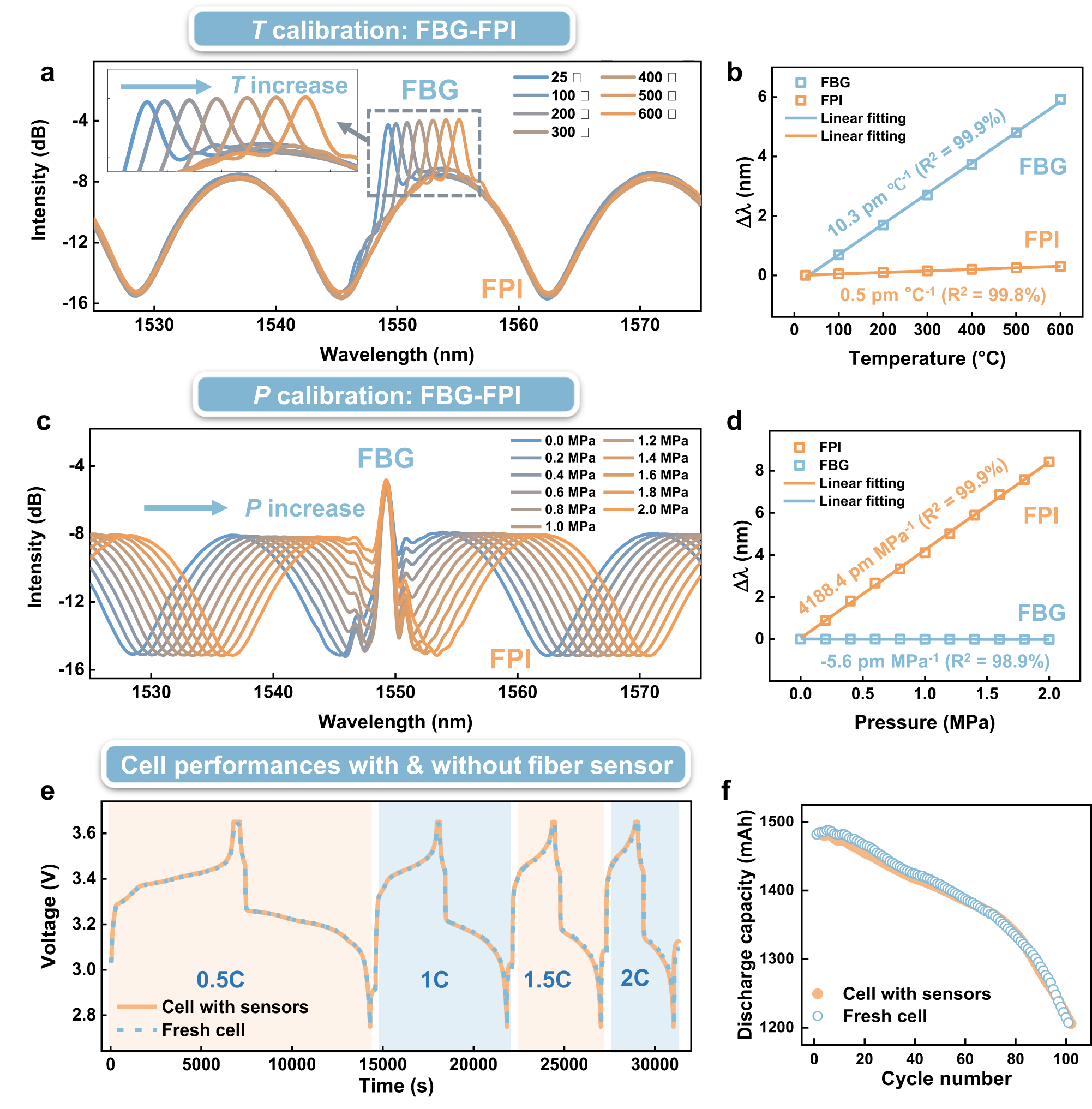 Fig. 2: Characterization of FBG-FPI sensor and evaluation of cell’s performance with optical fiber implanted.
