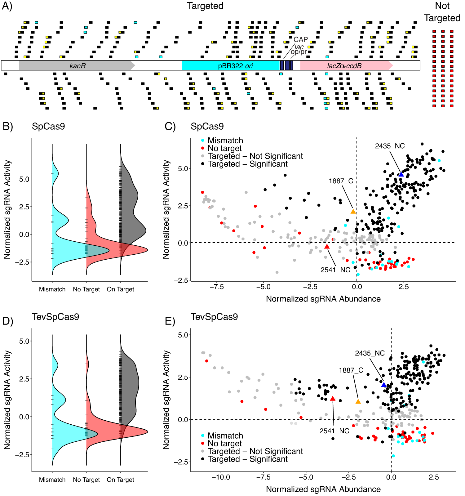 Fig. 4: High-throughput pooled screen detects distribution of SpCas9/sgRNA and TevSpCas9/sgRNAs activity.
