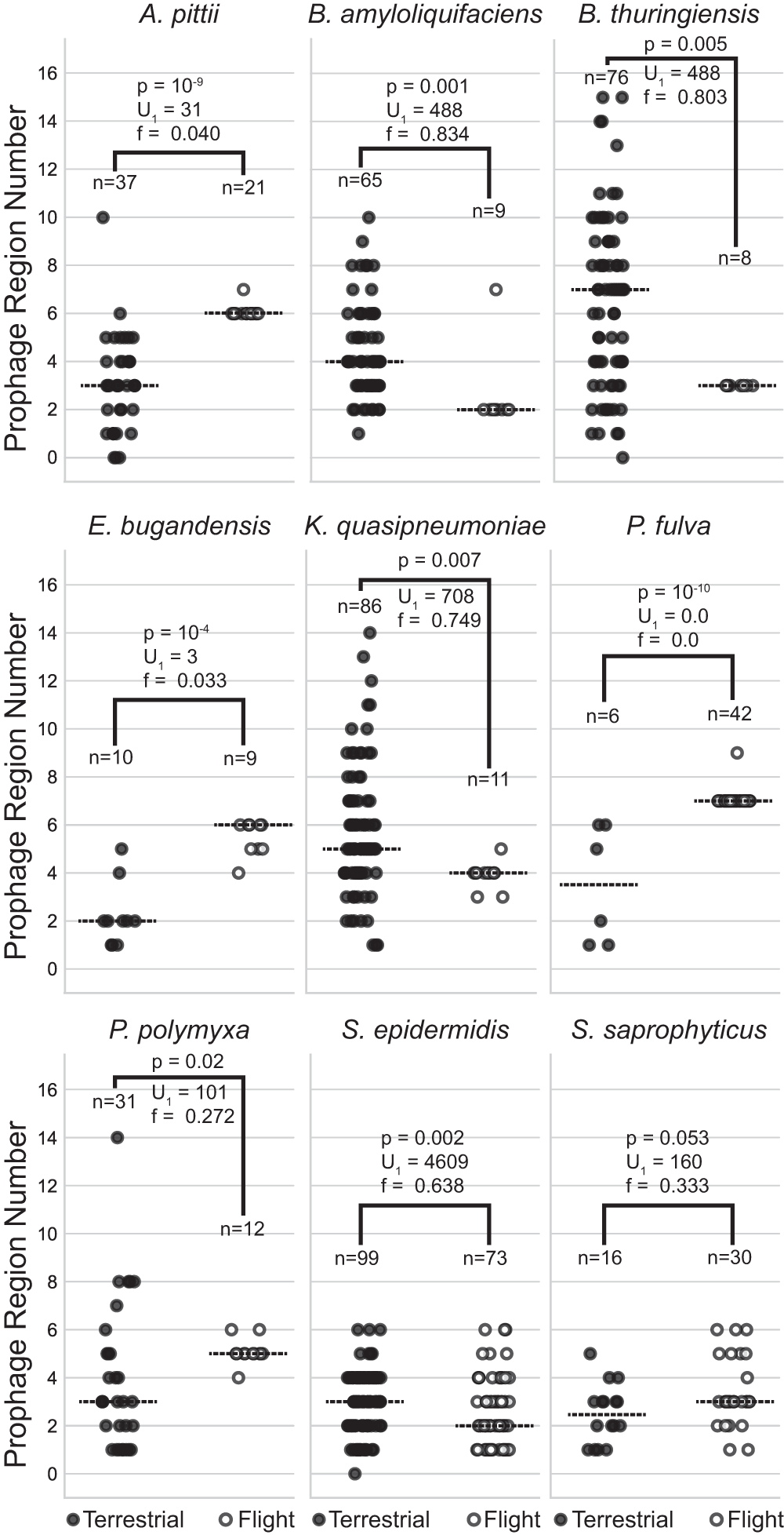 Fig. 2: ISS (flight) versus terrestrial prophage counts.