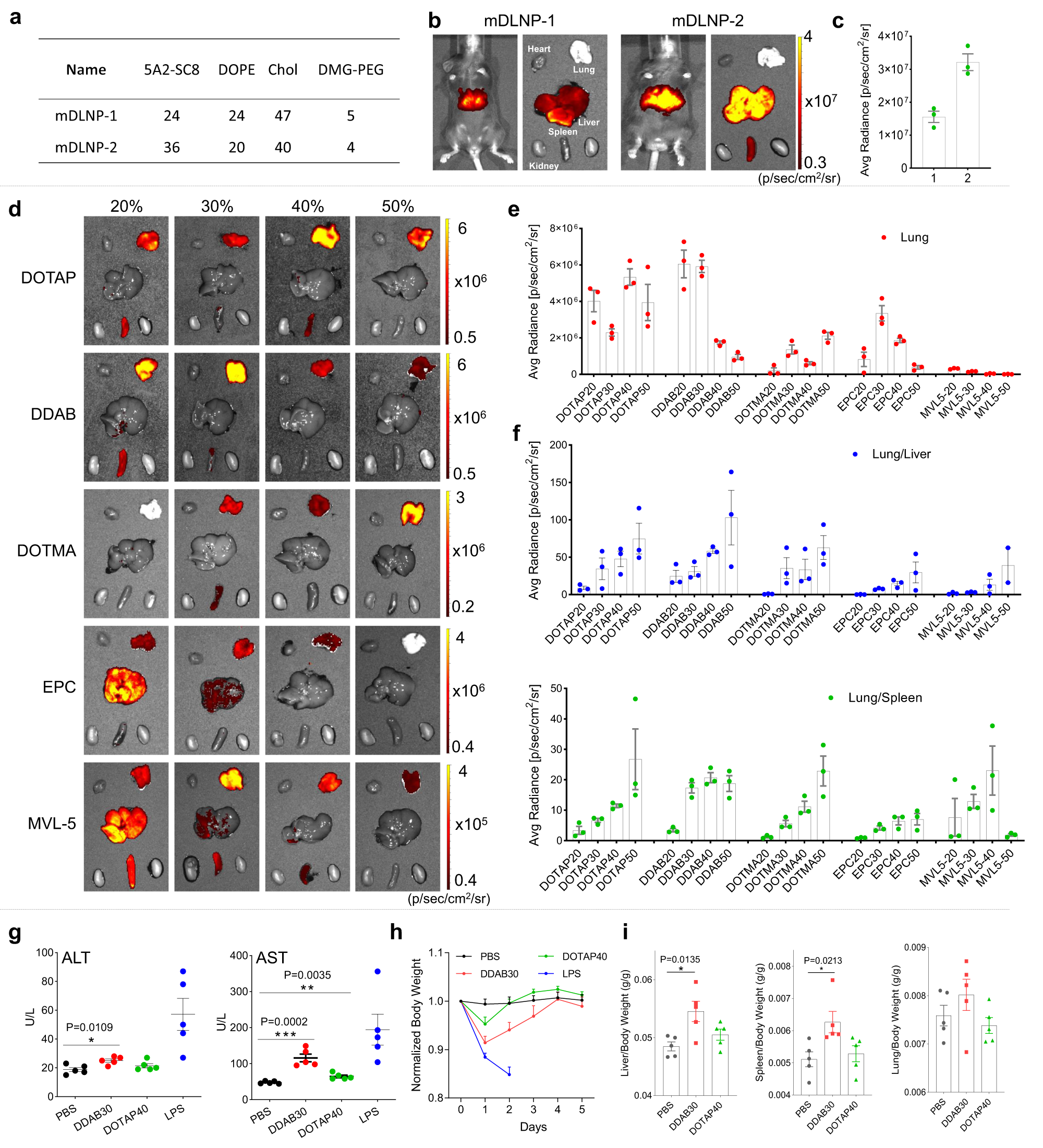 Fig. 2: Optimized DOTAP LNP formulation achieved enhanced mRNA delivery in mouse lungs with low toxicity.