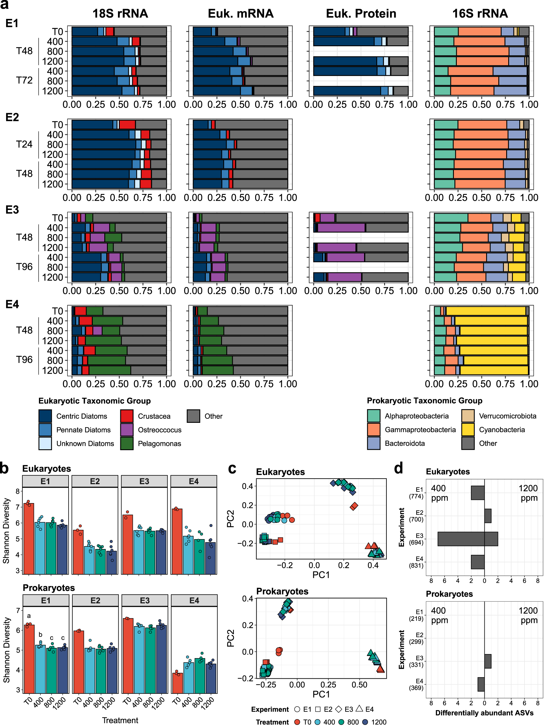 Fig. 3: Microbial community composition and diversity for each experiment (E1-4) from both 18S and 16S rRNA amplicons.