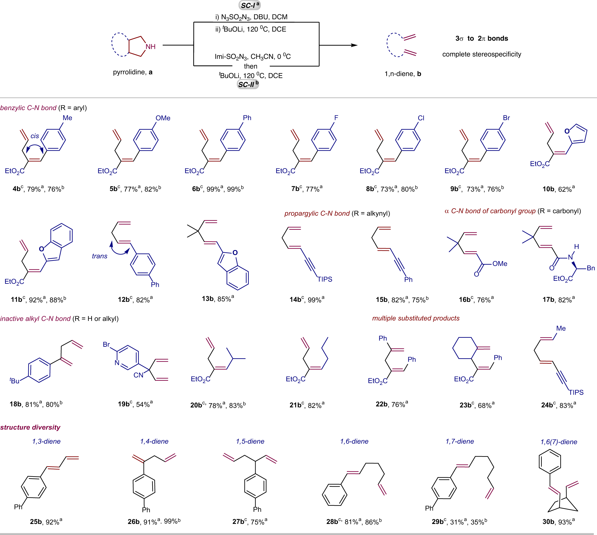 Fig. 3: Tolerance of functional groups, substituent group diversity and structure diversity in the N-removal and deconstruction of pyrrolidine scaffold.