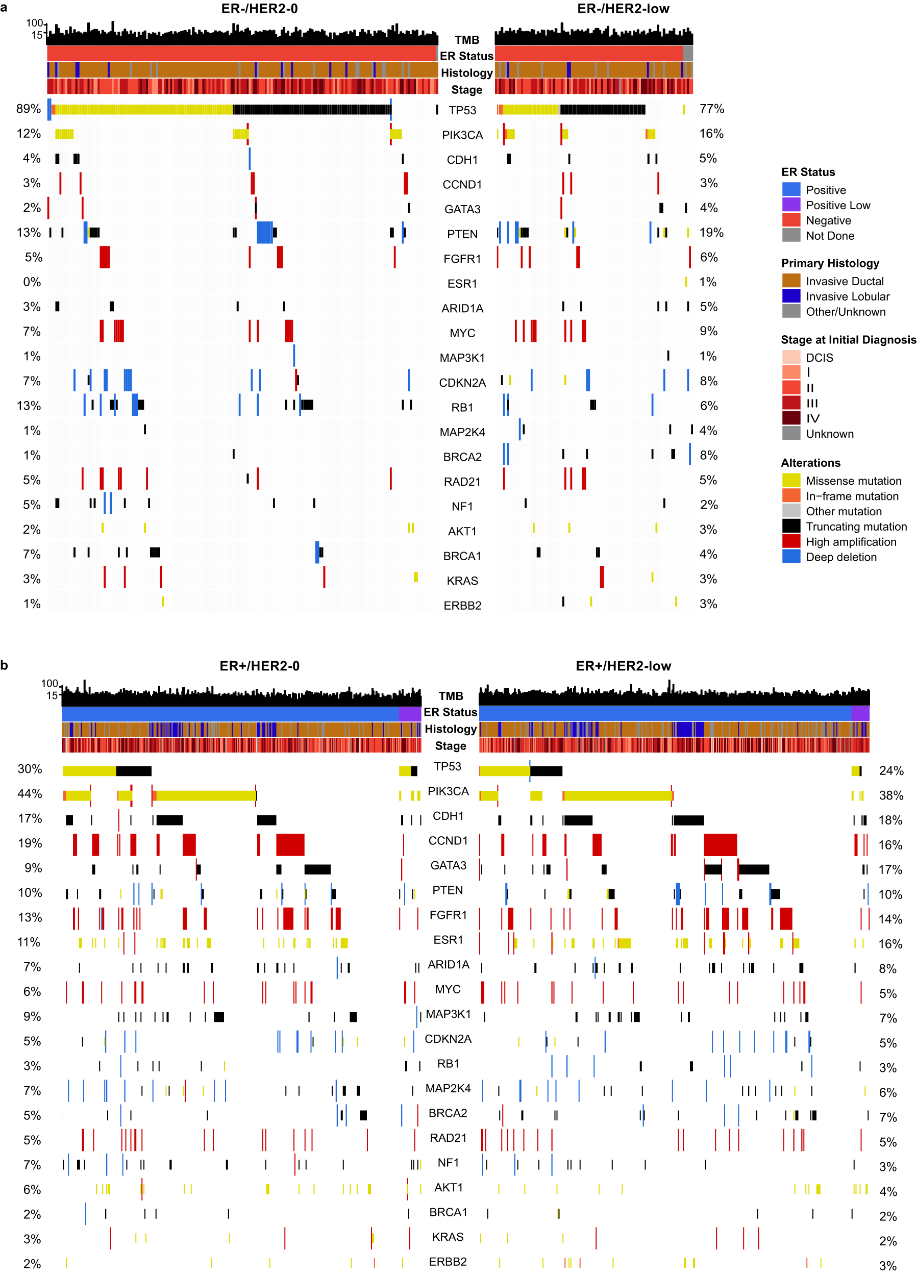 Fig. 2: OncoPrint view of the genomic landscape of HER2-0 (n = 552) and HER2-low (n = 487) metastatic breast cancer.