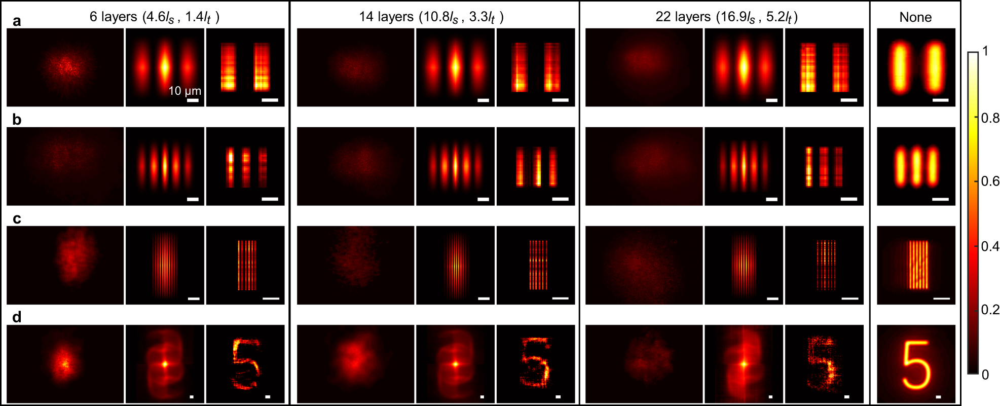 Fig. 2: Experimental imaging within thin to thick parafilm under single-colour LED illumination.