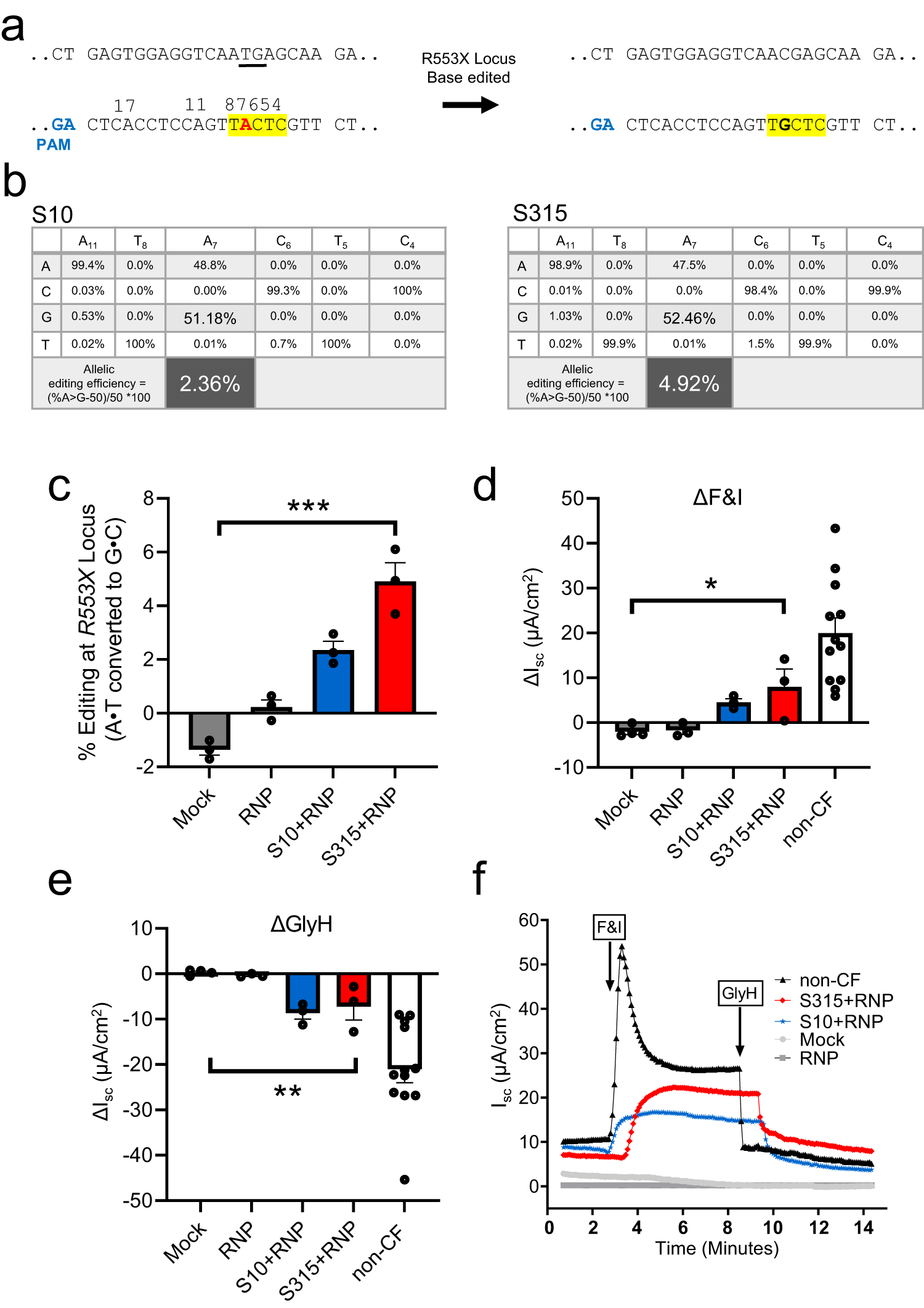 Fig. 6: Shuttle peptide delivery of ABE8e-Cas9 RNP to primary air liquid interface cultures of human airway epithelial cells (R553X/L671X) targeting R553X locus.