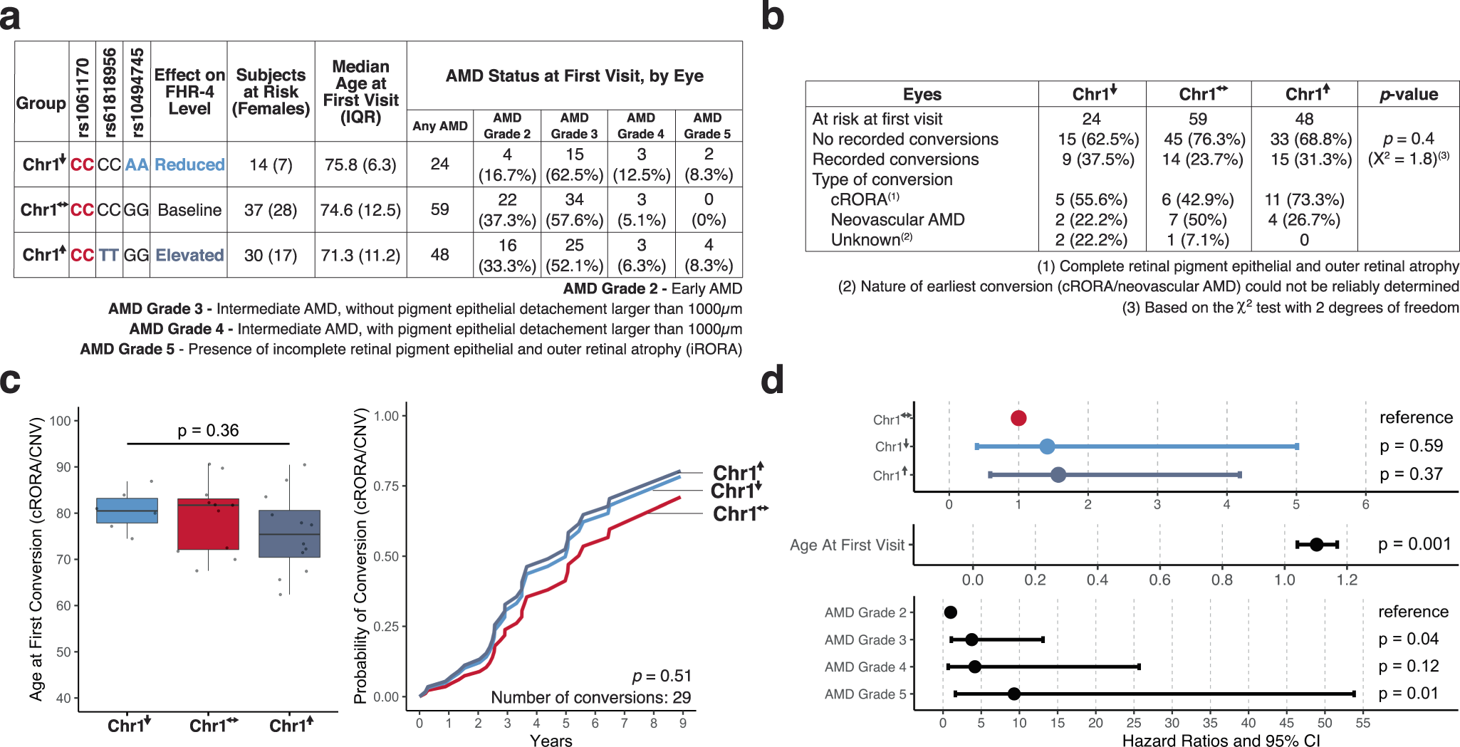 Fig. 4: Effect of variations in FHR-4 plasma and ocular levels on disease progression in AMD driven by rs1061170 risk.