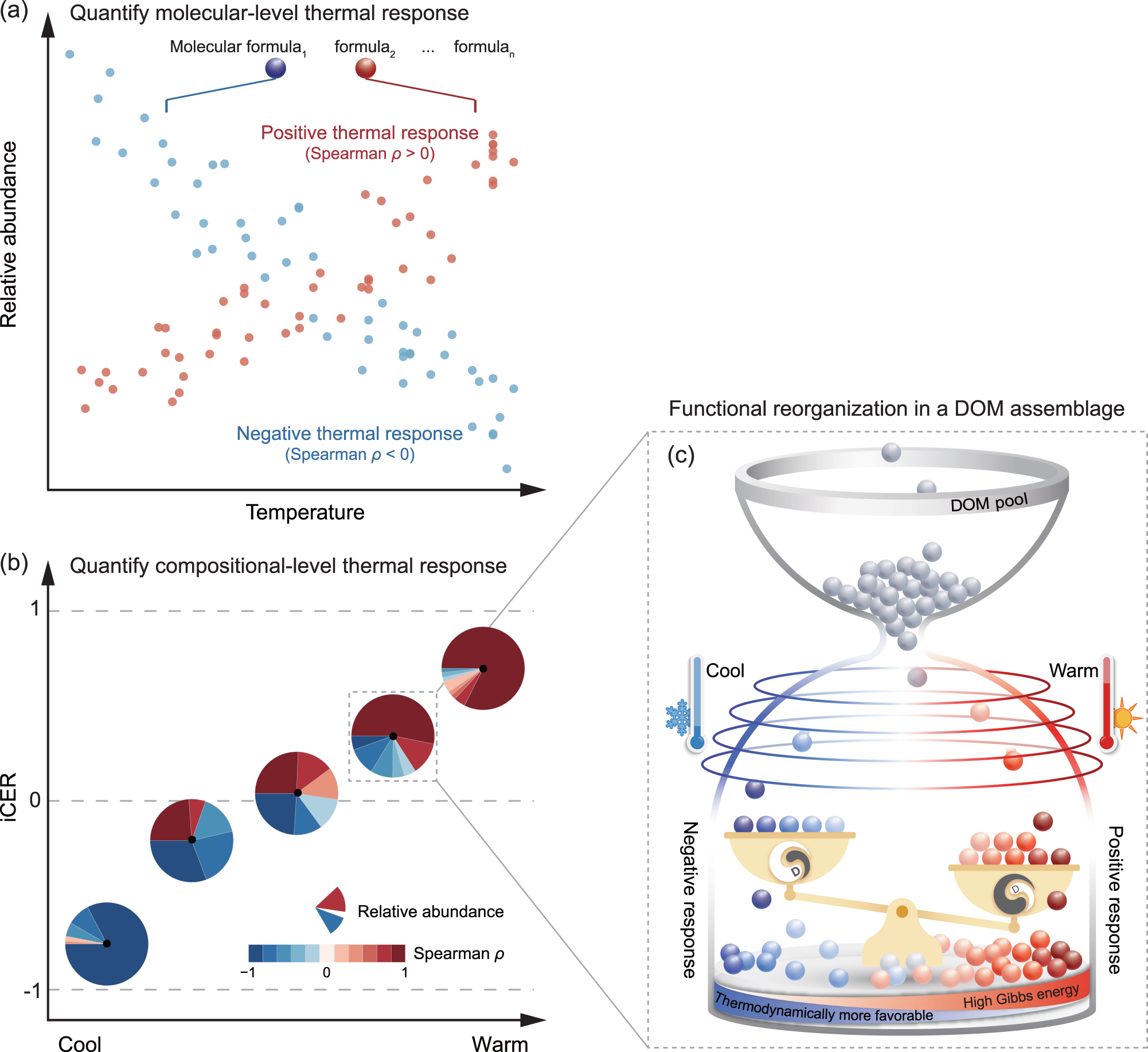 Fig. 2: Conceptual illustration of an indicator of compositional-level thermal responses (iCER) and the expected mechanisms of functional reorganization of DOM under climate change.