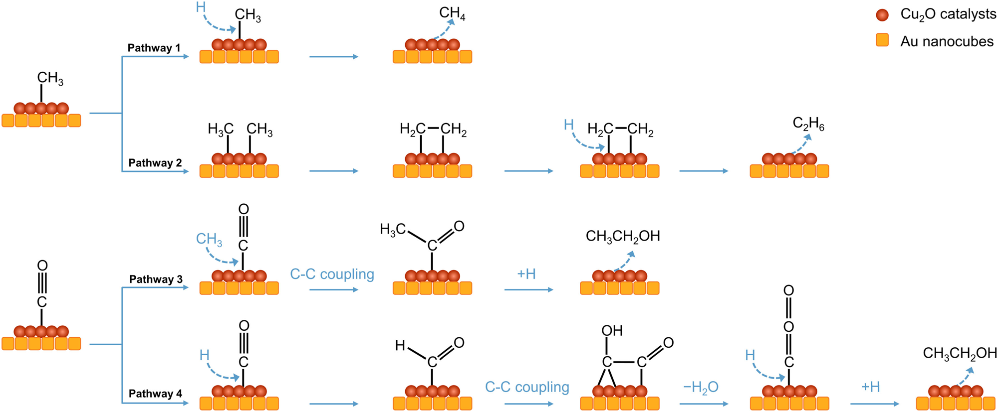 Fig. 6: Scheme of reaction pathways for the CORR on Cu2O catalysts in 0.1 M KOH with CH3I electrolyte.