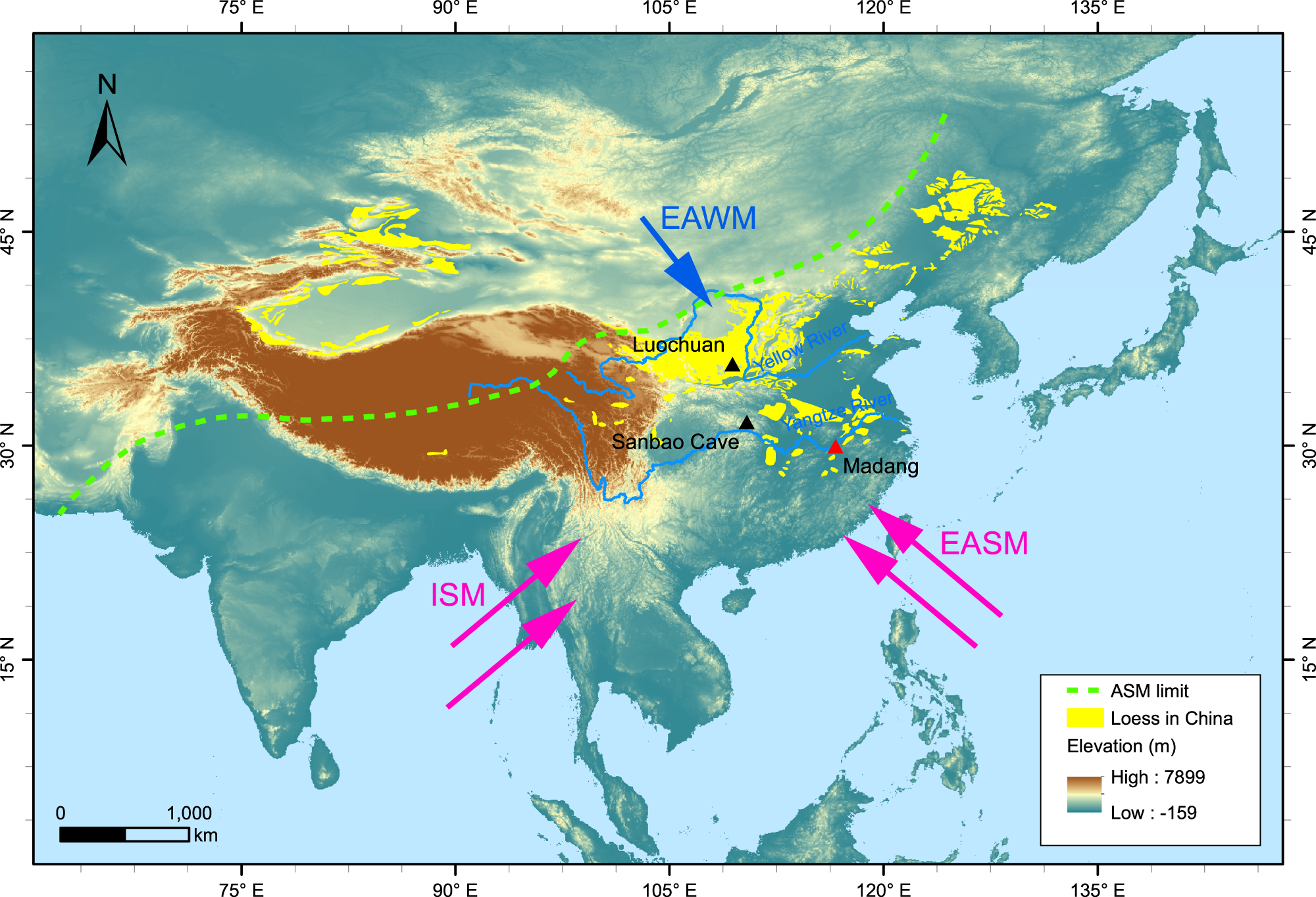 Fig. 1: Map showing the East Asian summer monsoon (EASM), the East Asian winter monsoon (EAWM), and the Indian summer monsoon (ISM).