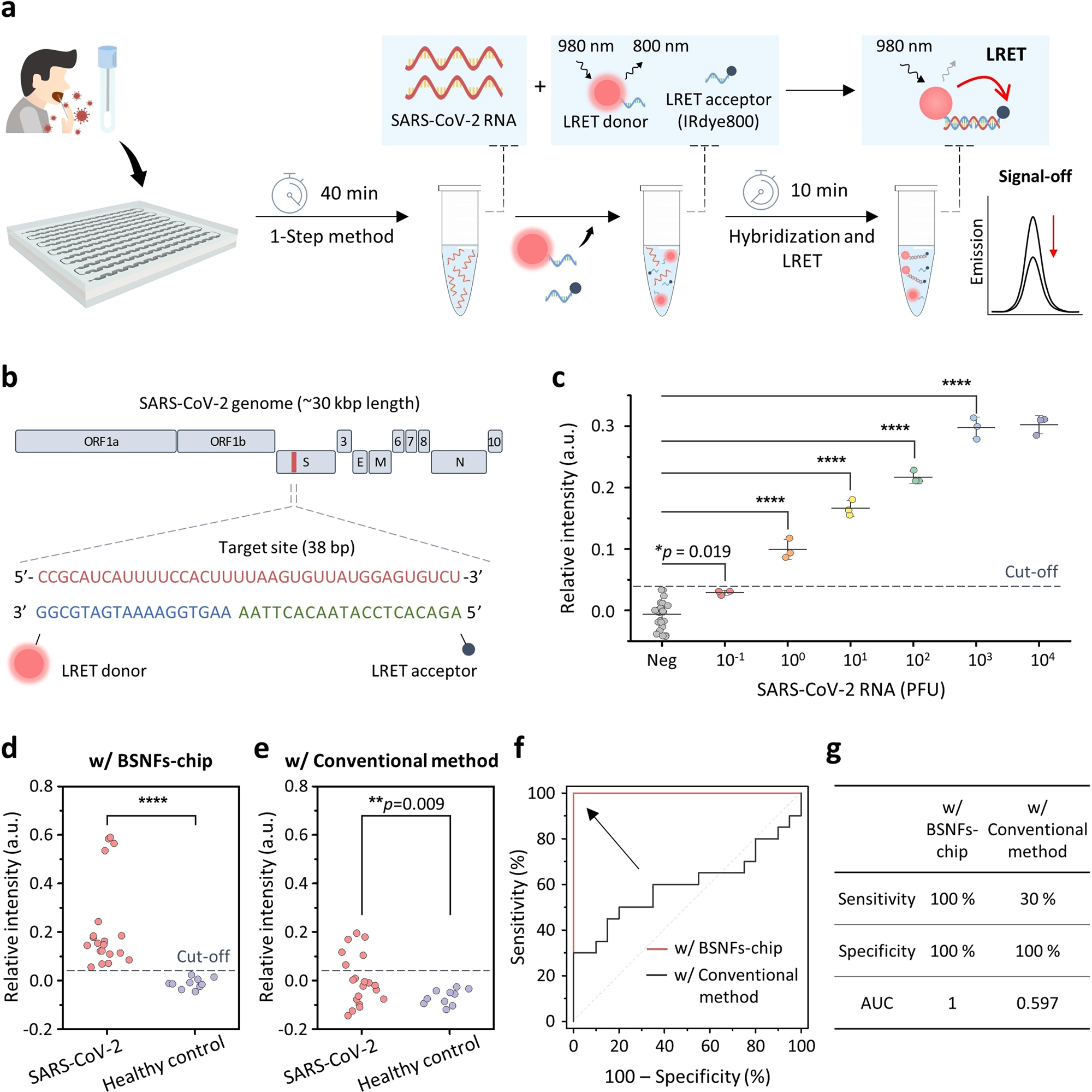 Fig. 5: High-sensitivity PCR-free detection of SARS-CoV-2 RNA extracted from BSNFs-chip.