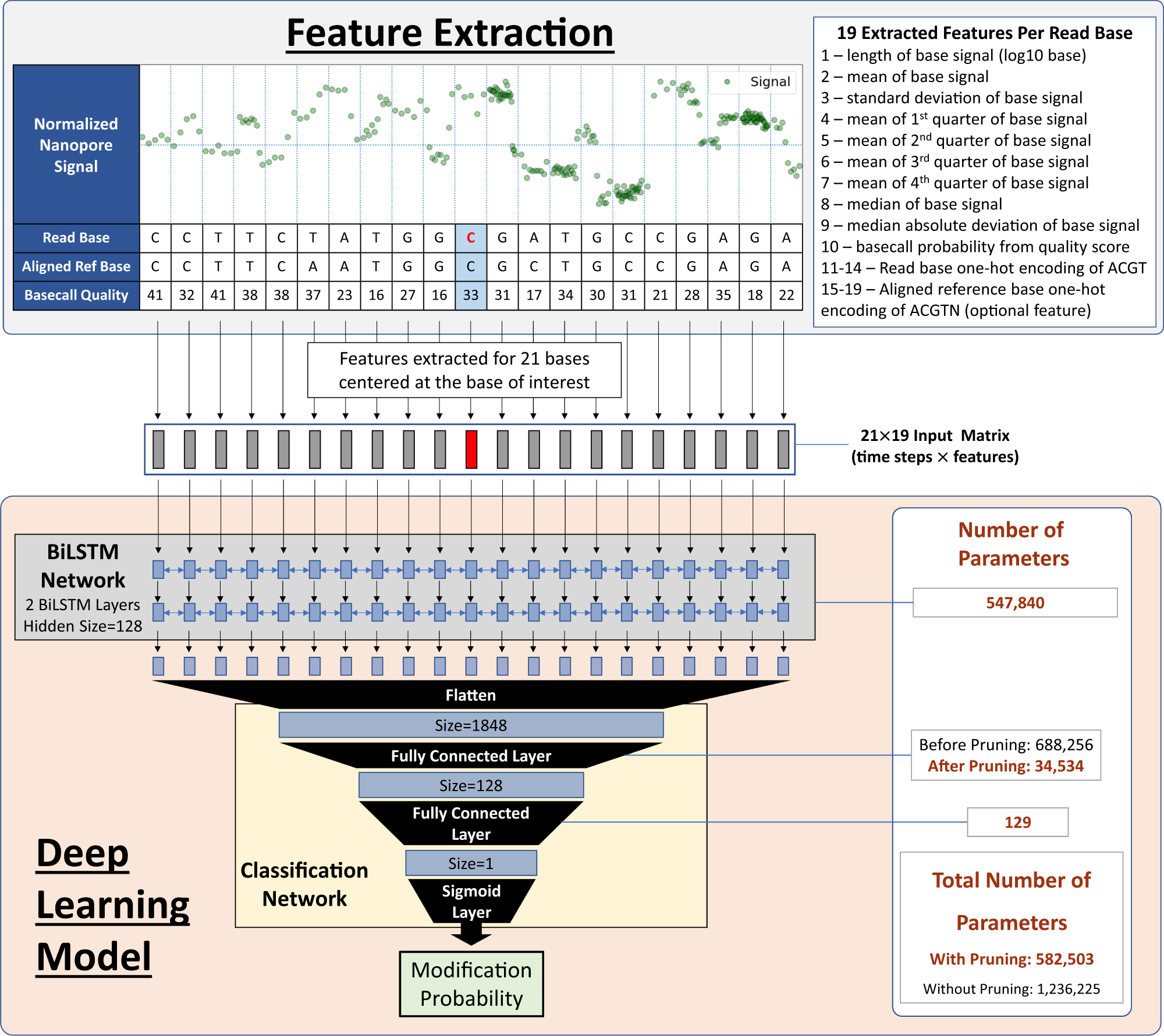 Fig. 9: DeepMod2 feature extraction and BiLSTM deep-learning model architecture.