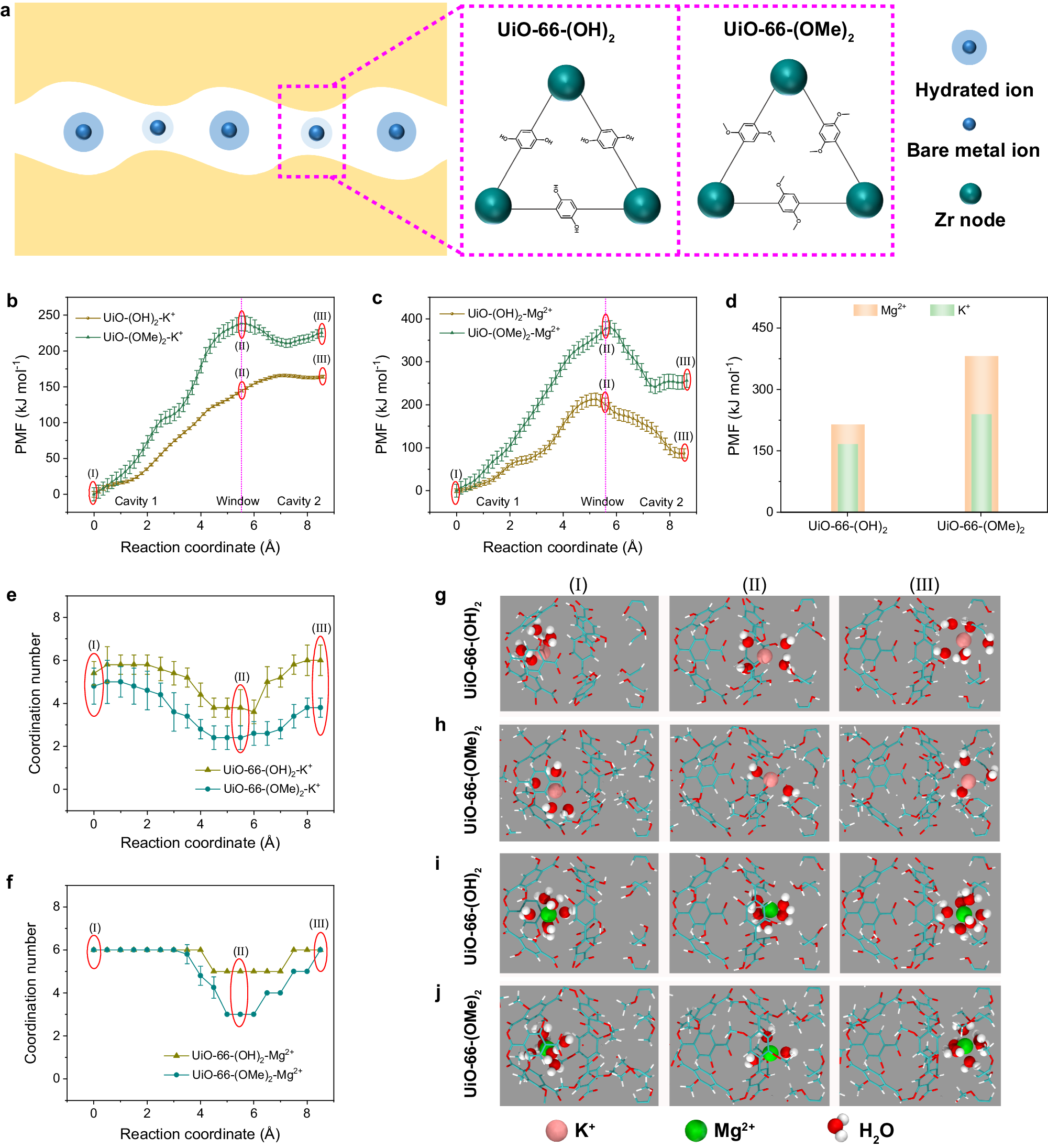Fig. 5: MD simulation of ion transport in UiO-66-(OH)2 and UiO-66-(OMe)2 membranes.