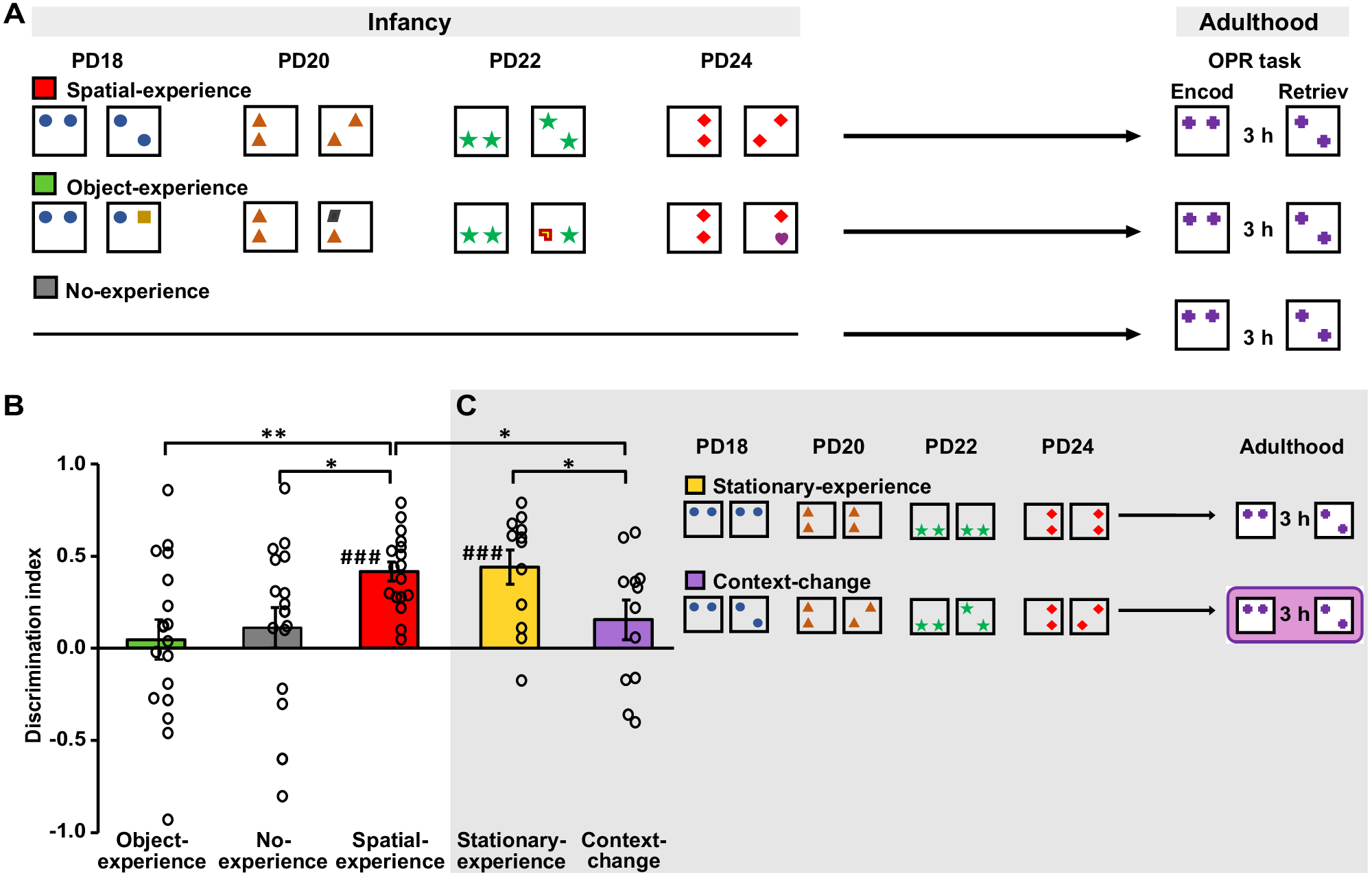 Fig. 1: Effect of infantile spatial experience on adult OPR performance.