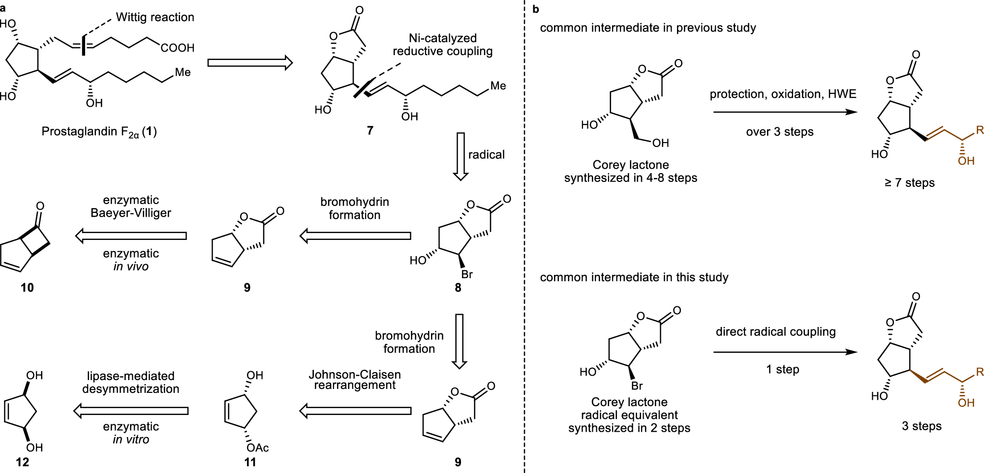 Fig. 2: Our retrosynthetic analysis and comparison with previous studies.
