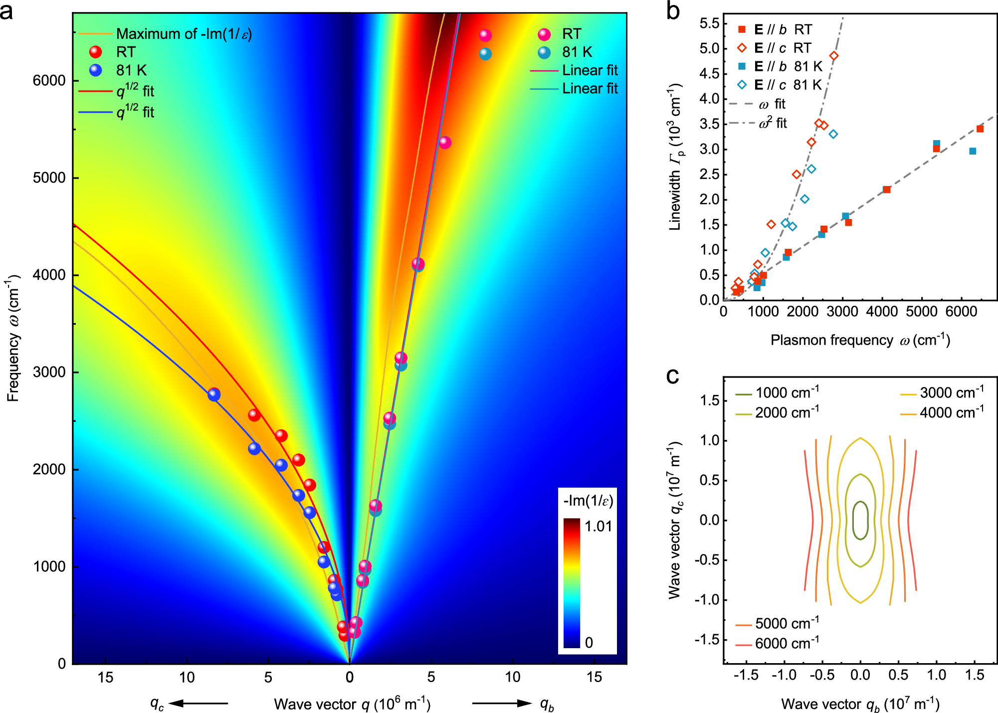 Fig. 3: Dispersions and linewidths of the plasmons in 2M-WS2 disks.