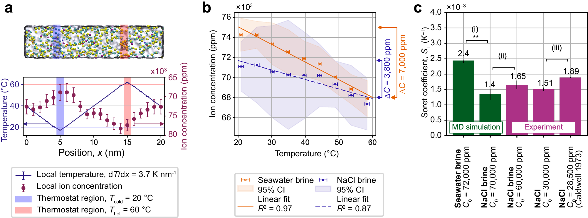 Fig. 4: Molecular dynamics modelling of thermodiffusive desalination.