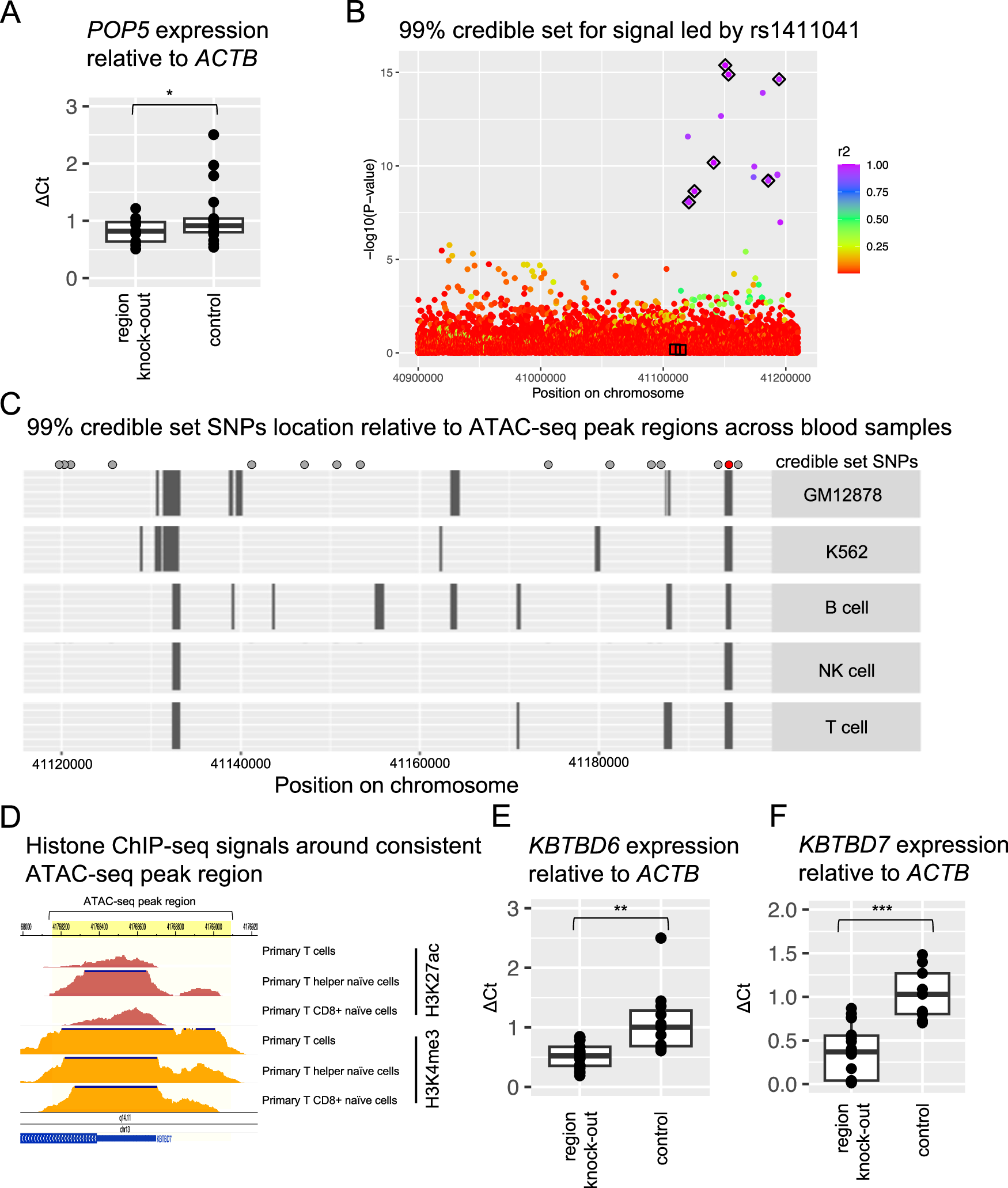 Fig. 7: CRISPR removal of KBTBD6 and POP5 regulatory regions reduced expression of each gene.