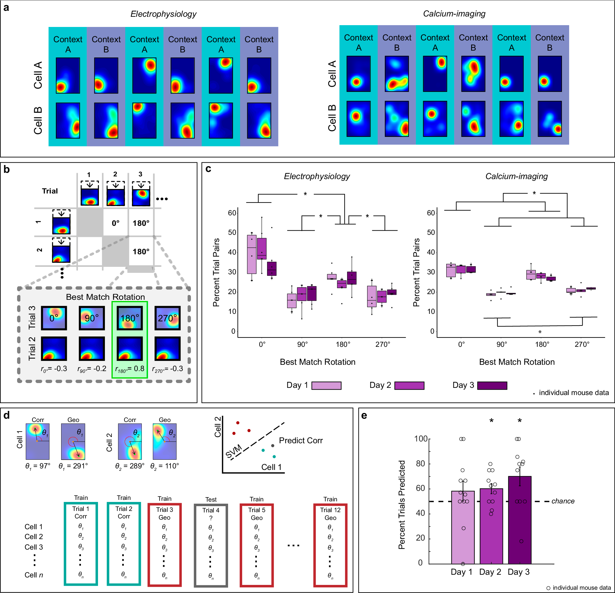 Fig. 2: Place field alignment to spatial geometry persists over days.