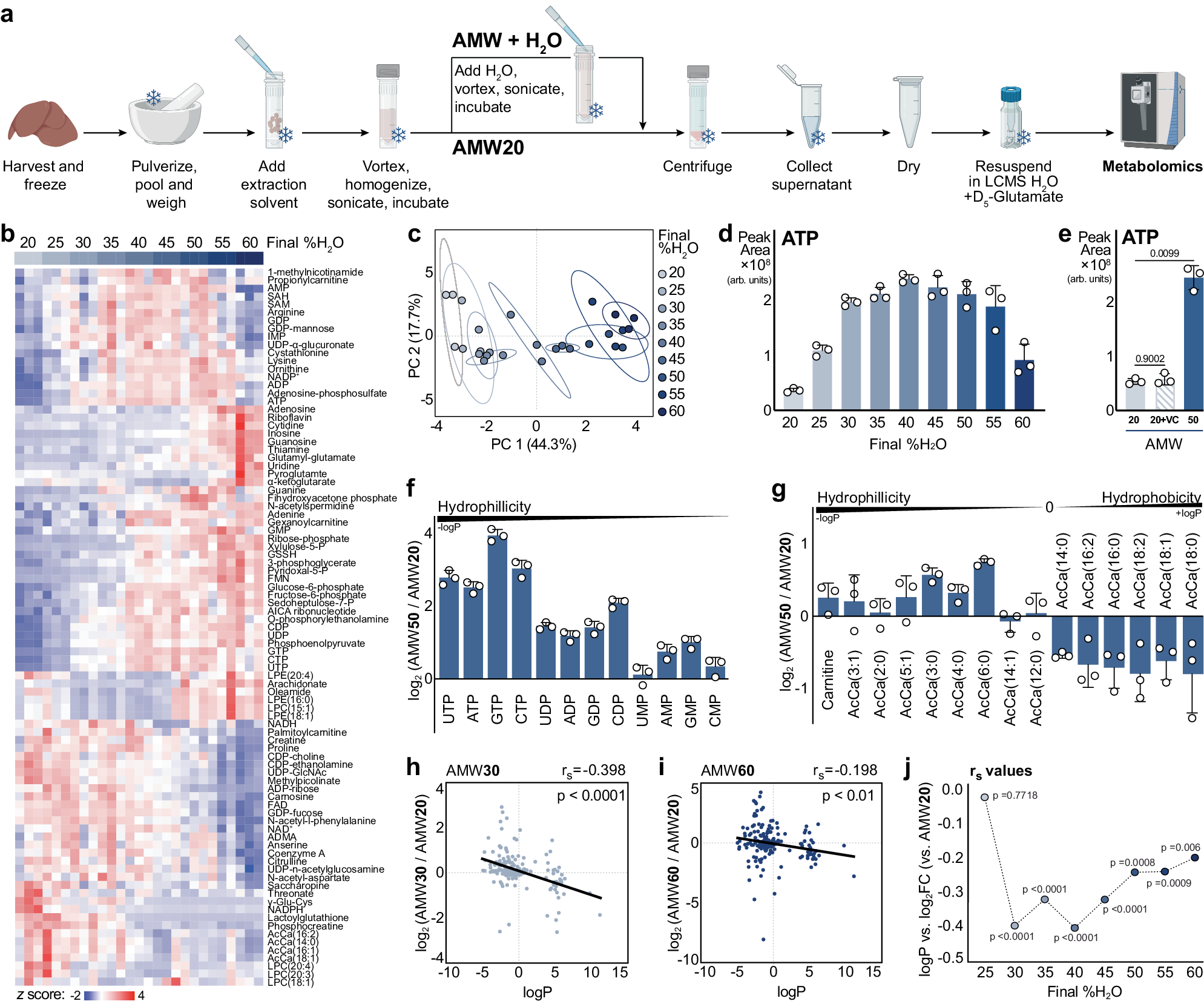 Fig. 1: Metabolomic responses to extraction water content are not fully explained by compound hydrophobicity.