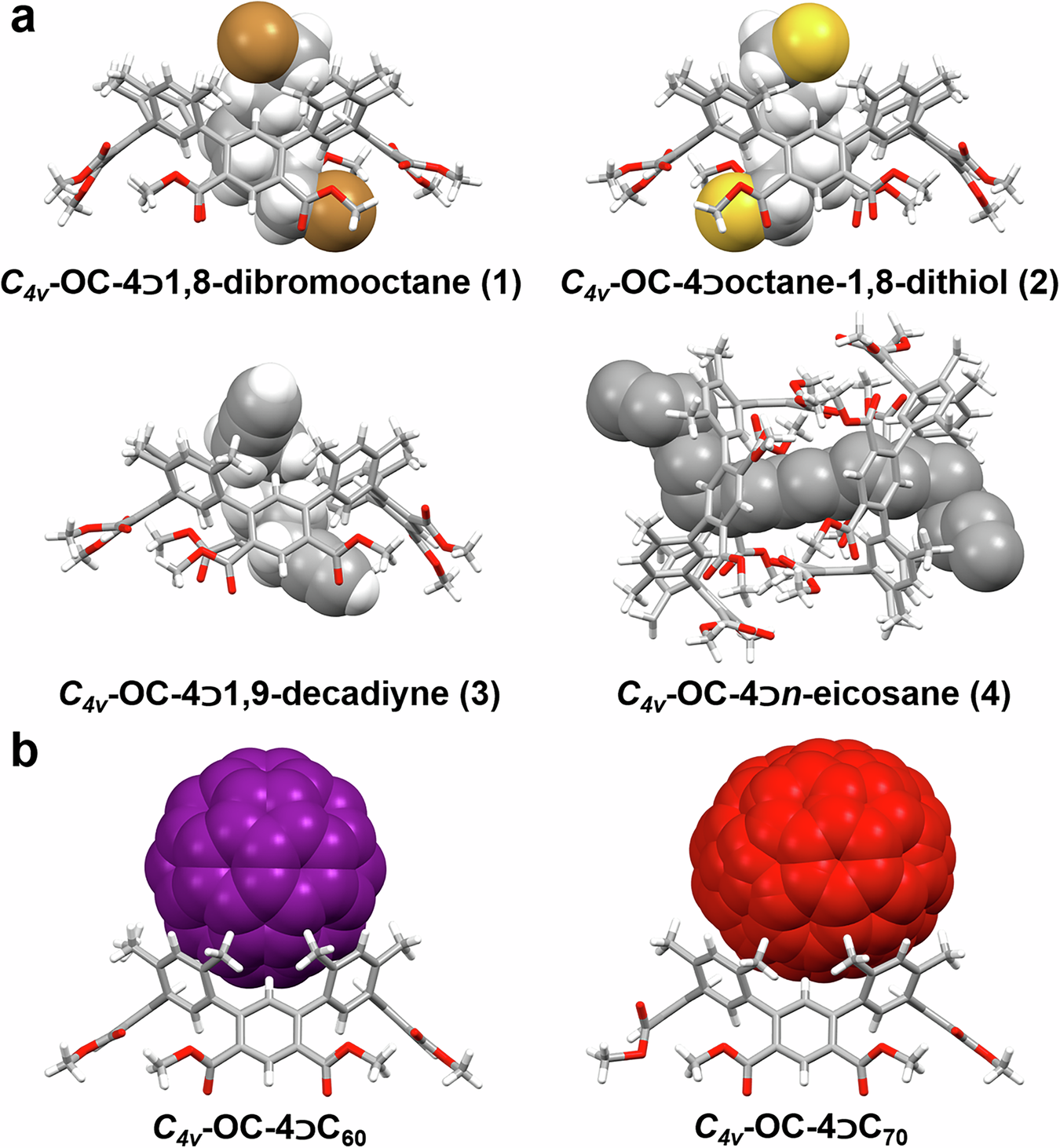 Fig. 6: Single crystal X-ray structures of the complexes involving C4v-OC-4 and linear guests or fullerenes.