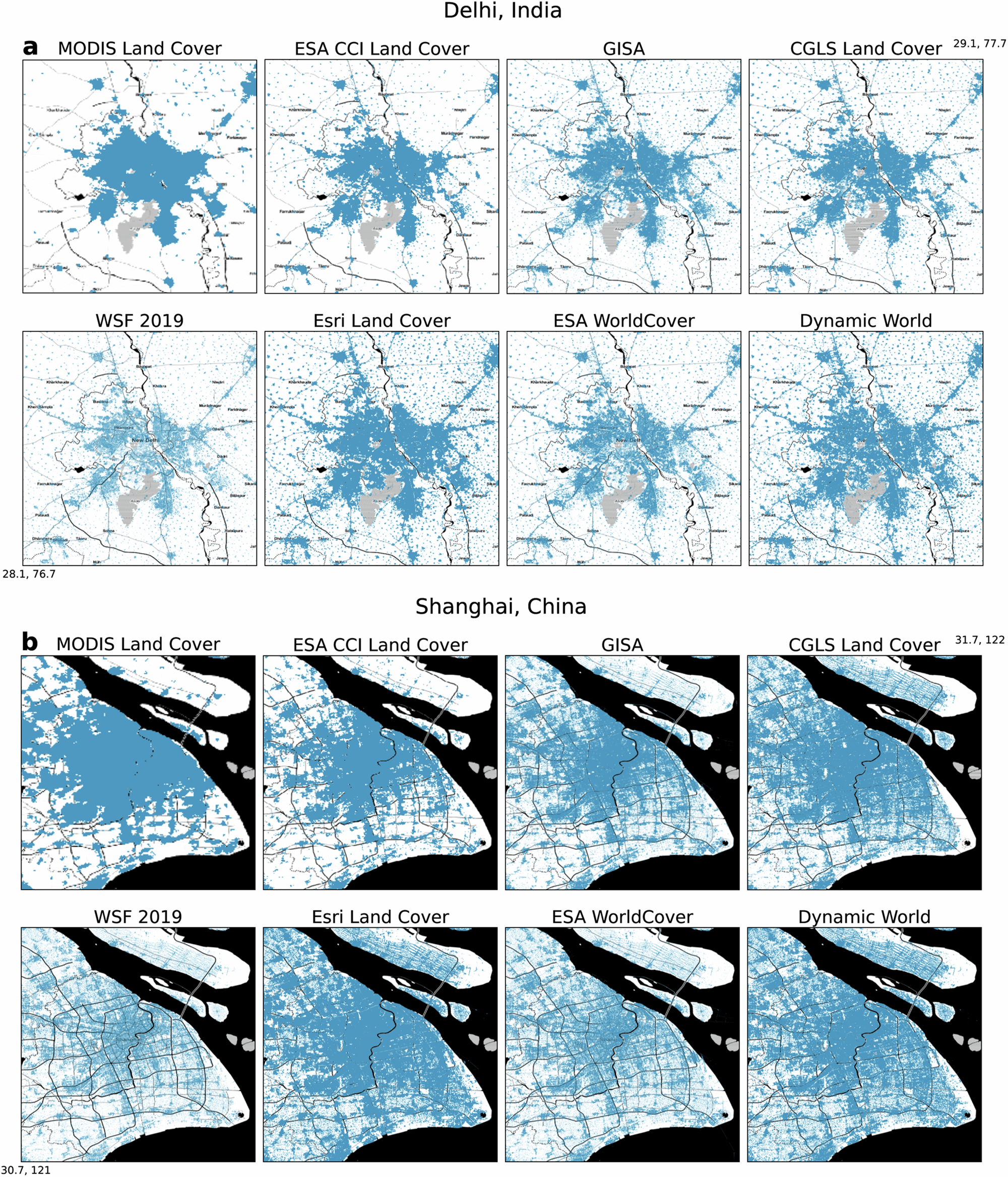 Fig. 3: Present-day urban extent across datasets for select cases.