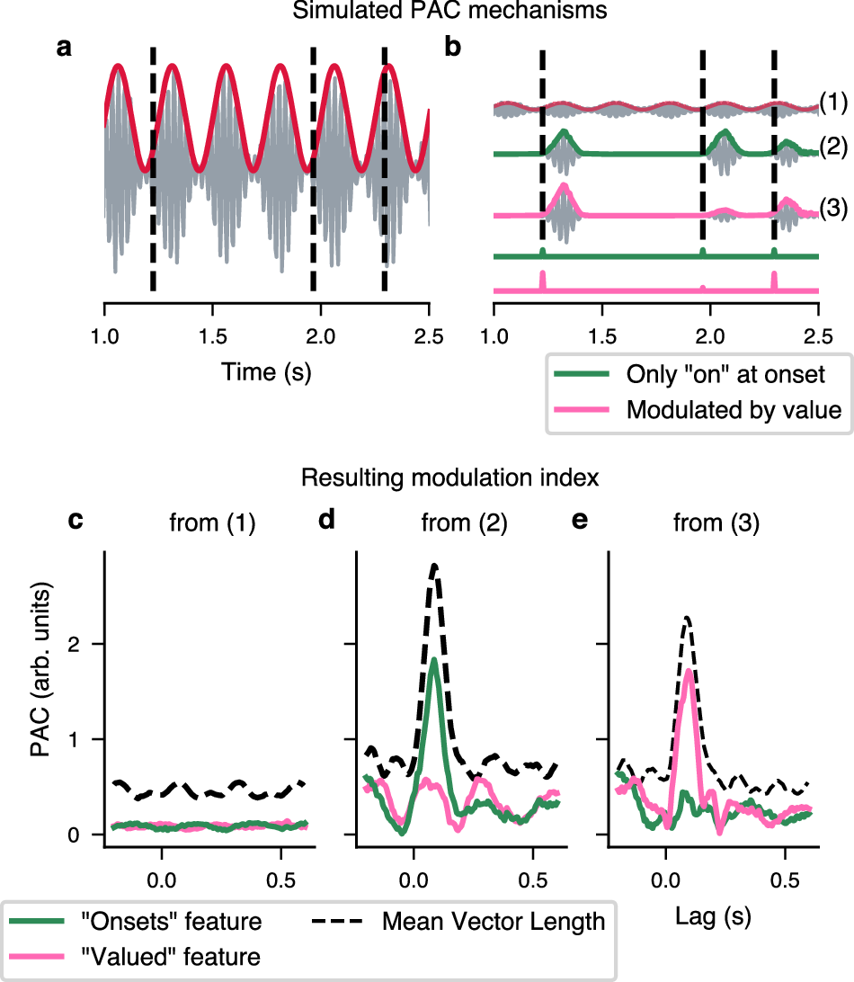 Fig. 6: Simulation of feature-dependent Phase Amplitude Coupling (PAC) and estimation thereof.
