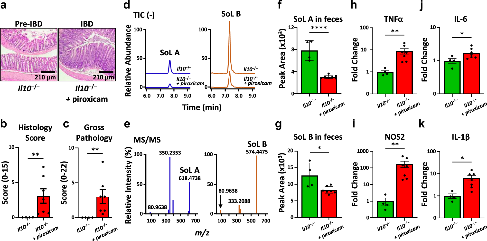 Fig. 3: SoLs are decreased in a mouse model of colitis concurrent with increased expression of inflammatory markers.