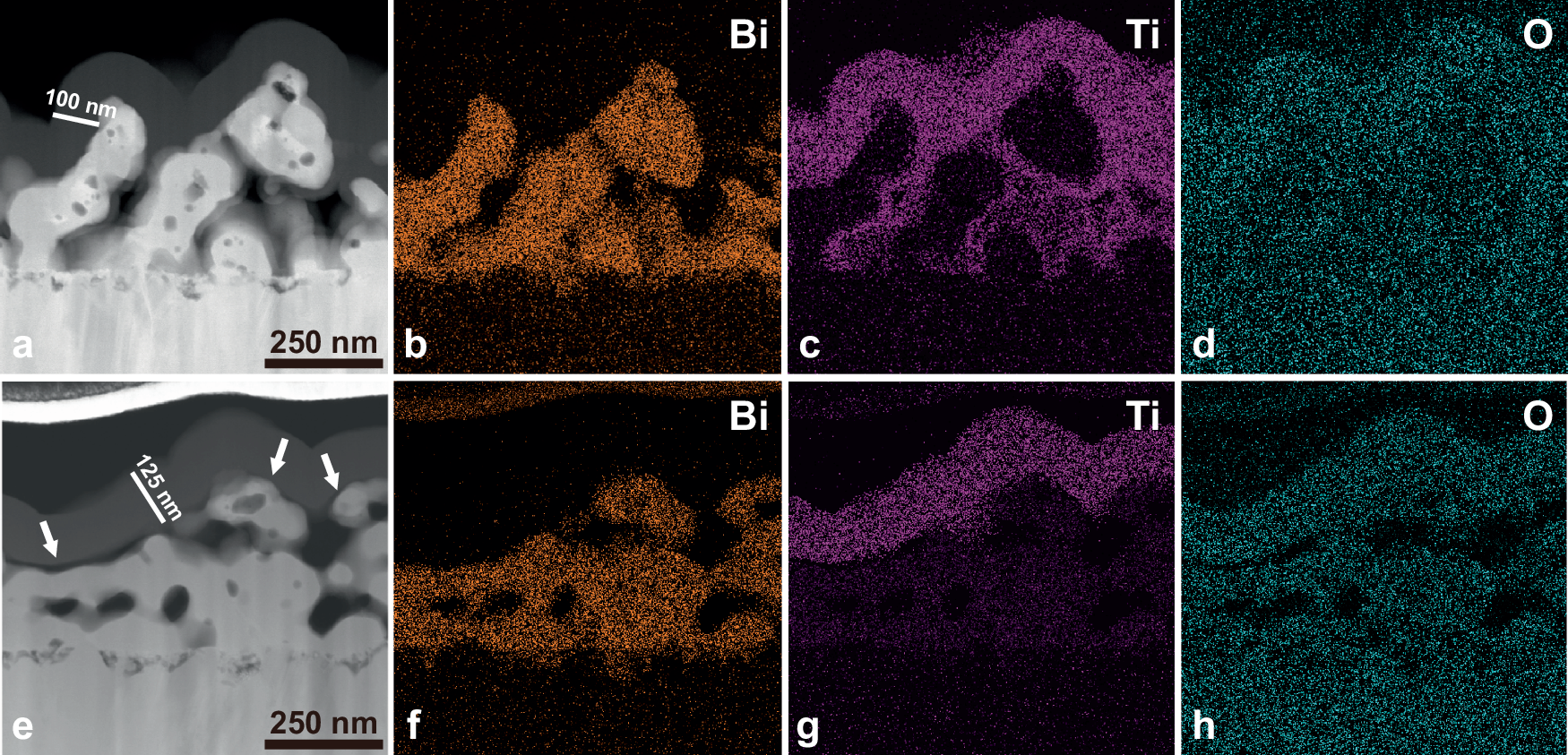 Fig. 4: Cross-sectional HRTEM image and EDX analysis of BiVO4/TiO2 and BiVO4/PEI/TiO2.
