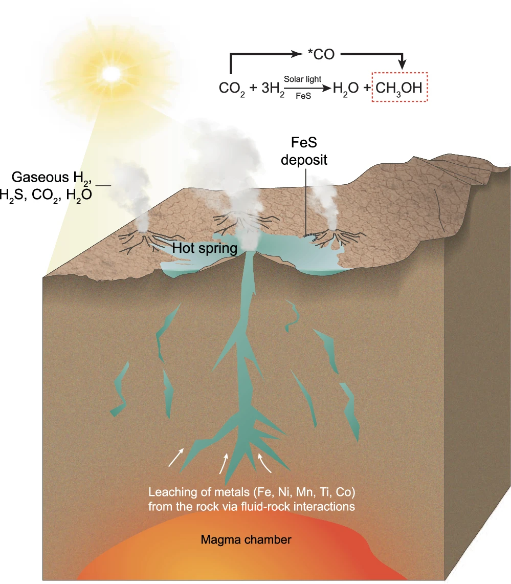 FeS minerals deposited on the edges of hot spring pools catalyze the reduction of CO2 driven by H2 gas released from geochemical processes such as serpentinization. Light irradiation from the young Sun promotes the catalytic activity of FeS.