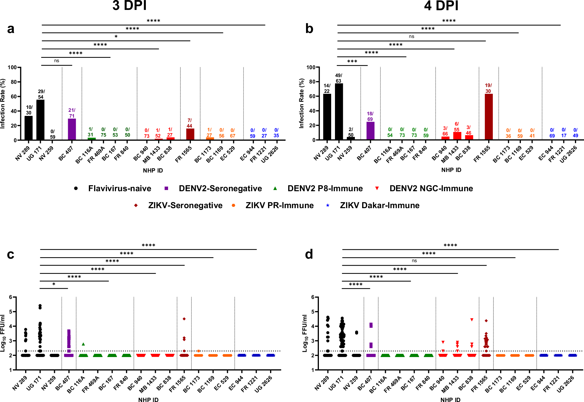 Fig. 2: Majority of Ae. aegypti fed on YFV-infected DENV-2 and ZIKV-immune NHPs are refractory to YFV infection.