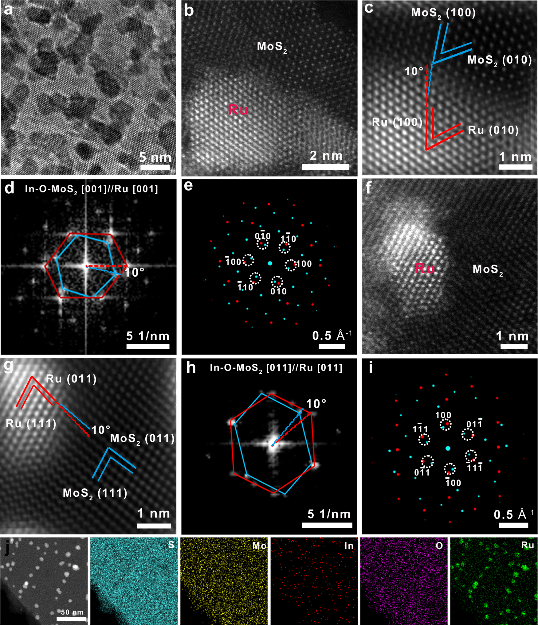 Fig. 2: TEM and HAADF-STEM images of In-O-MoS2@Ru.