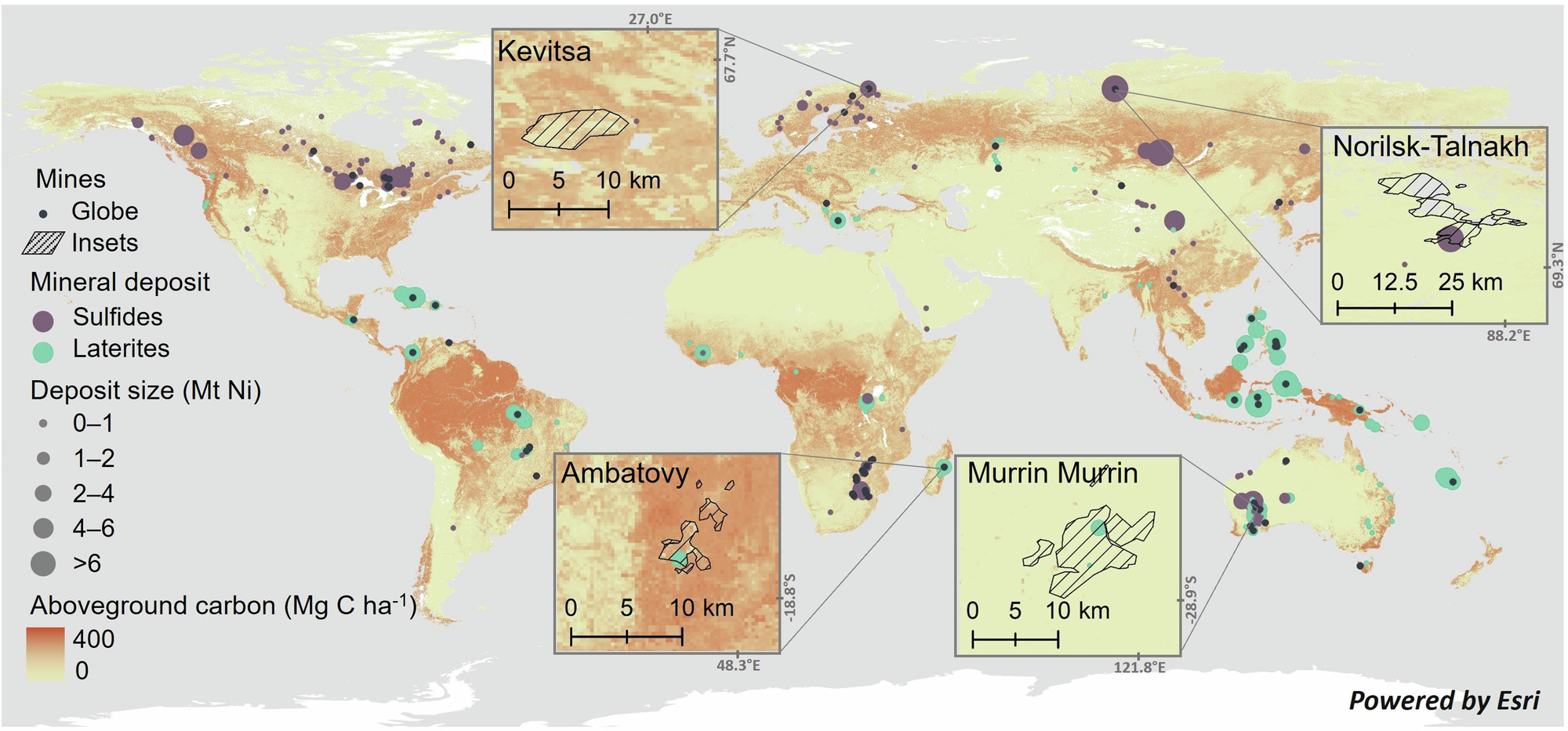 Fig. 1: Locations of nickel mines and undeveloped nickel deposits compared with aboveground biomass carbon values.