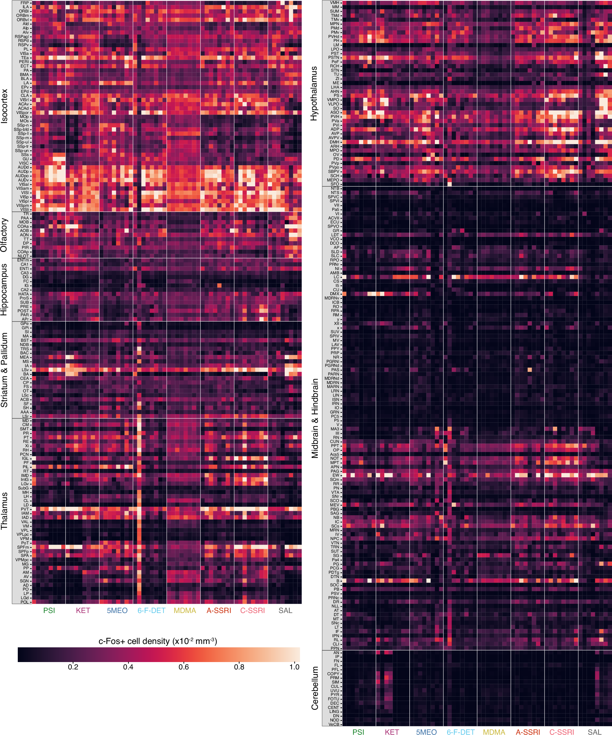 Fig. 2: c-Fos+ cell density listed by brain region for all samples by drugs.