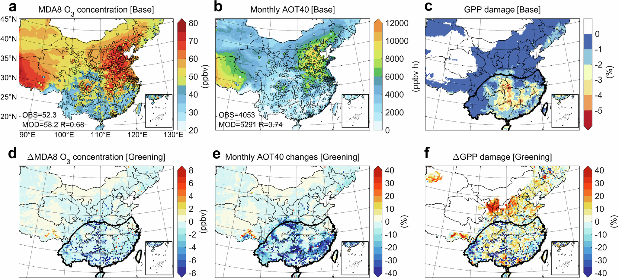 Fig. 3: 2005-2019 greening effects on ozone air quality over South China in the growing season.