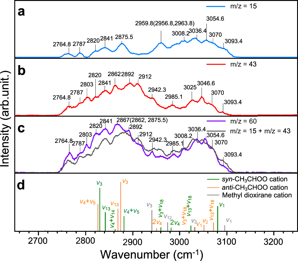 Fig. 3: Experimental and calculated IR spectra of syn- and anti-CH3CHOO+, as well as methyl dioxirane cation, in the 2700–3200 cm−1 region.