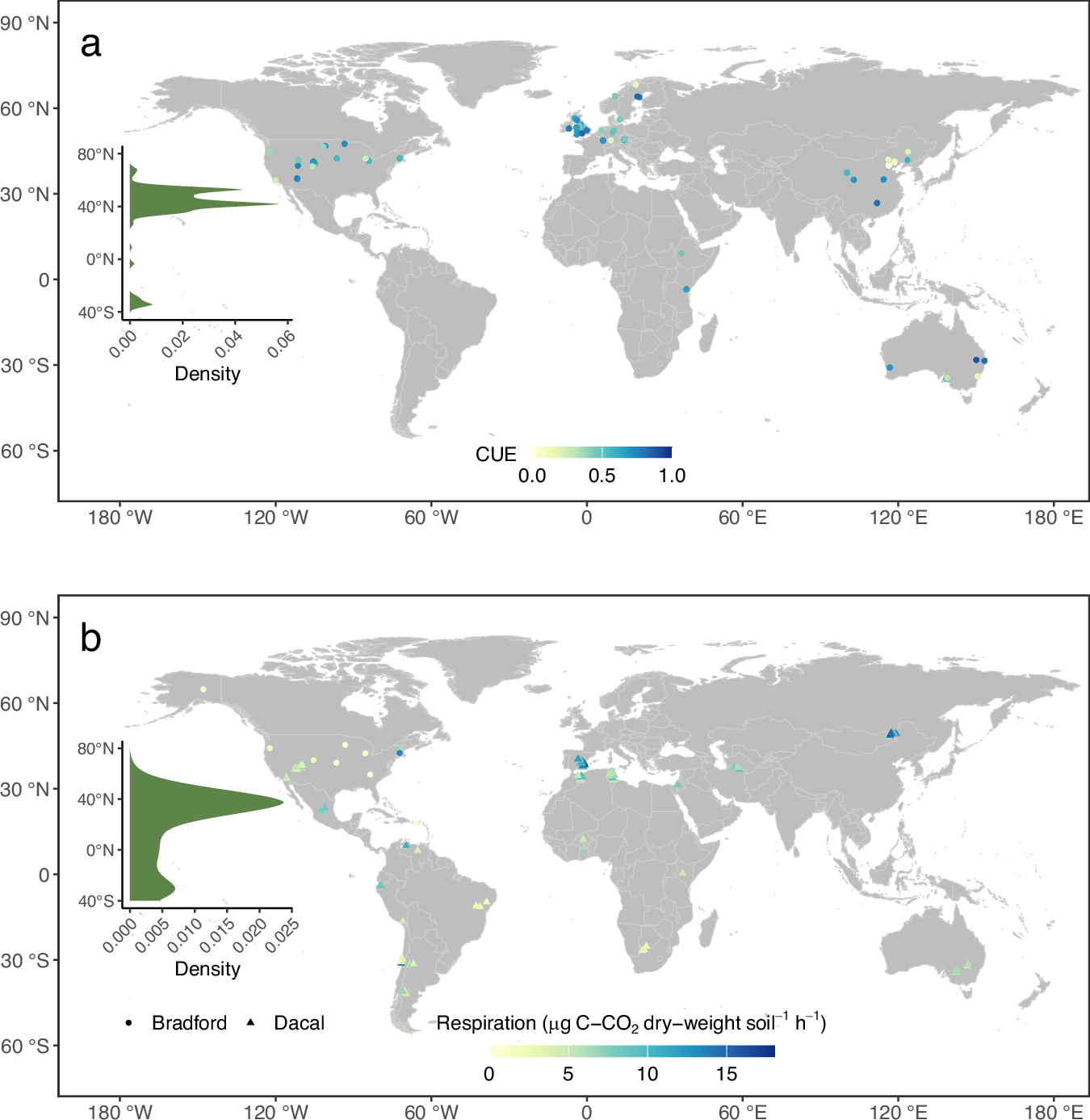 Fig. 1: Map of sample locations including soil microbial carbon use efficiency (CUE) and soil heterotrophic respiration rates in incubation conditions.