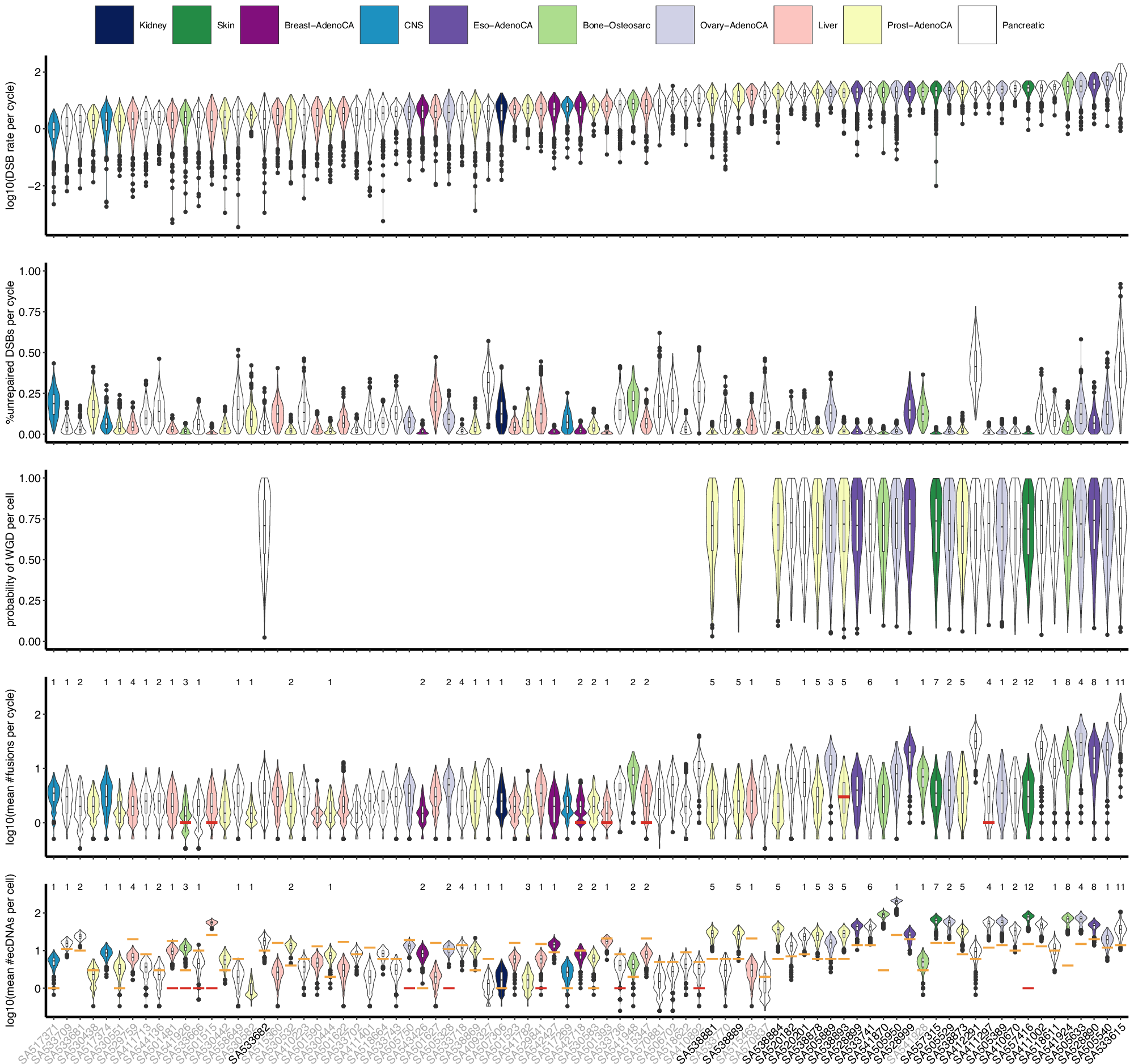 Fig. 7: Results of fitting the cell-cycle model to bulk whole-genome sequencing data using approximate Bayesian computation sequential Monte Carlo (ABC SMC).