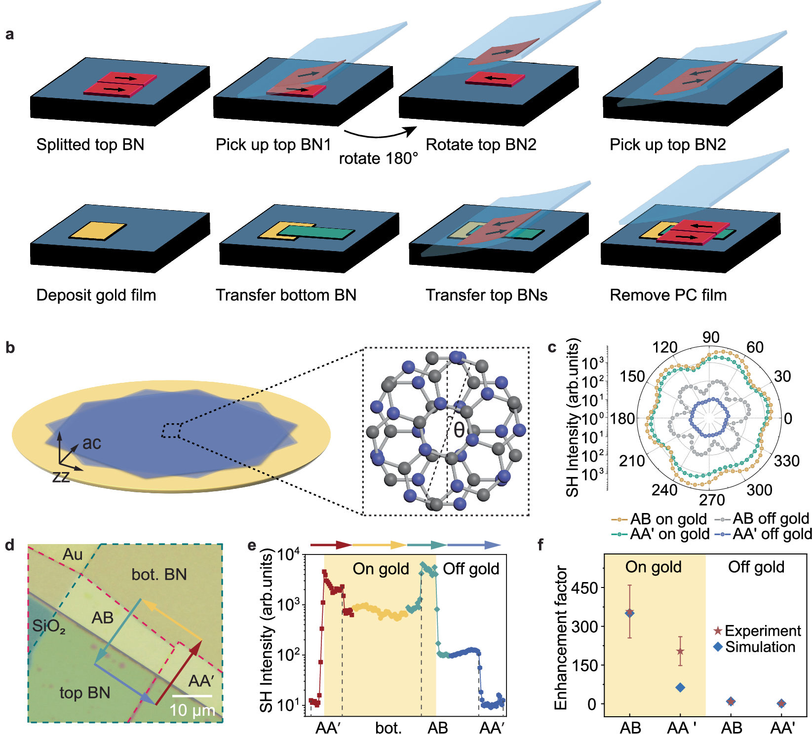 Fig. 3: SHG enhancement in twisted h-BN on gold film.