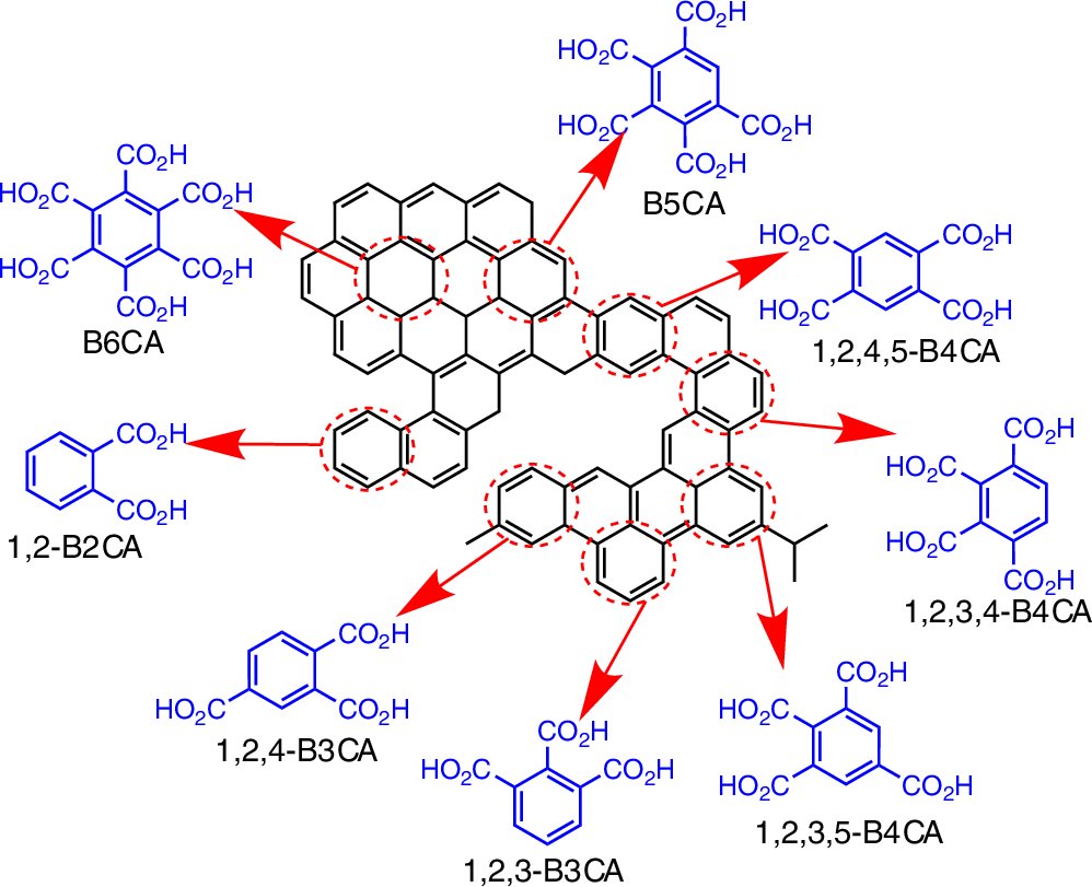 Fig. 1: Schematic illustration of the conversion from fused benzene rings to benzene polycarboxylic acids (BPCAs) through nitric acid oxidation.